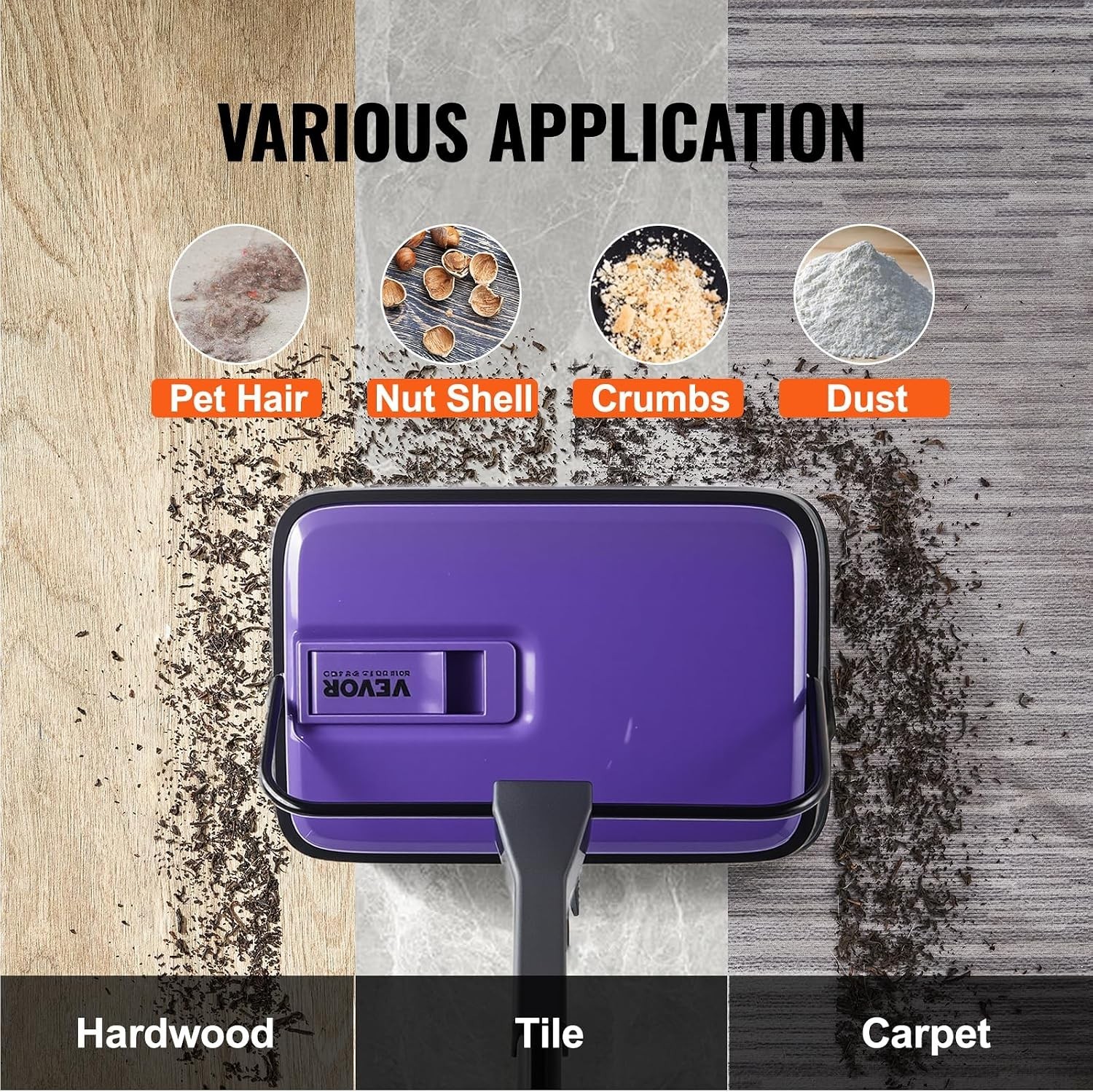 Versatile 6.7in Carpet Sweeper – Quiet Operation, Easy Disposal, Purple Design