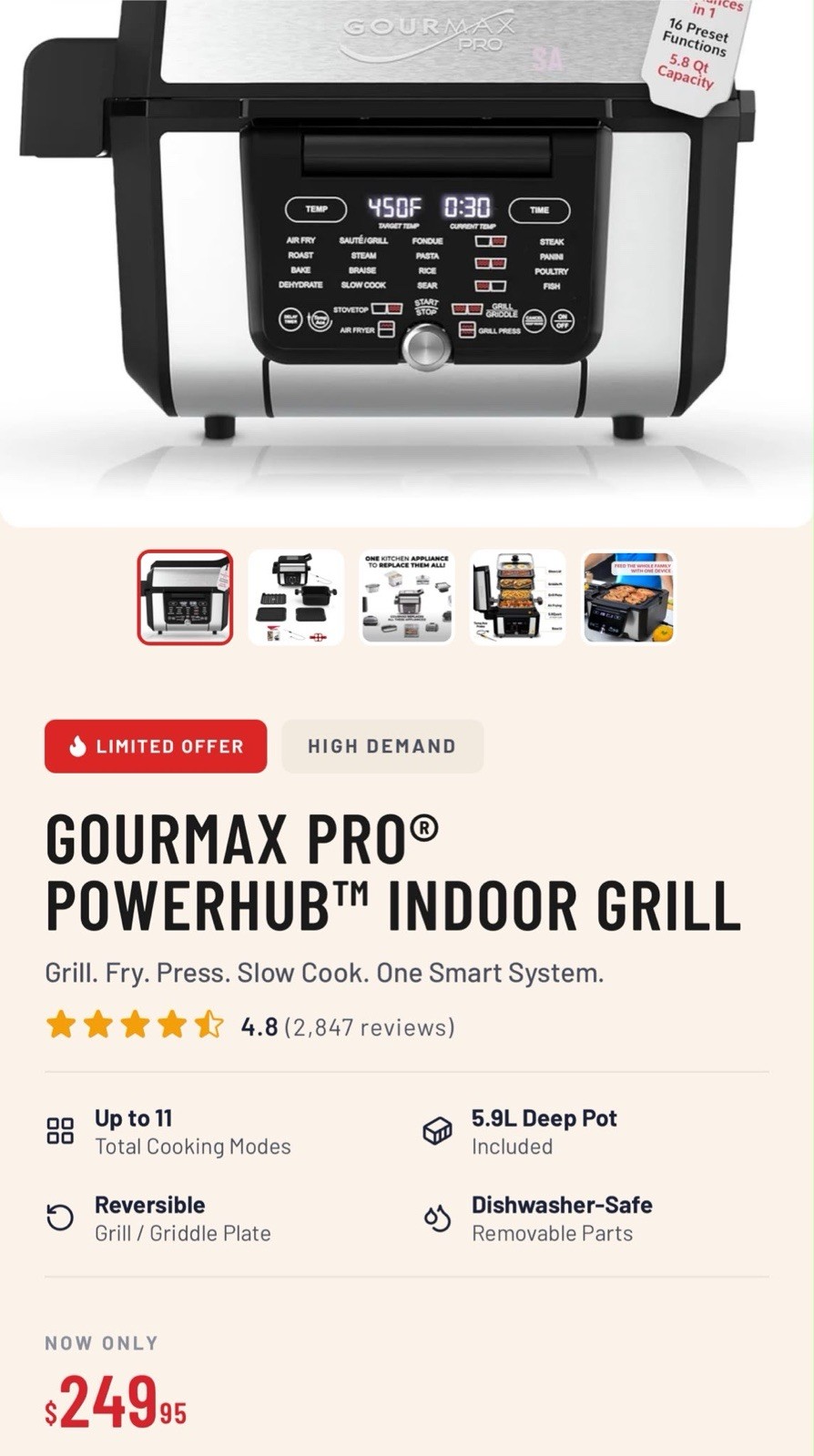 Gourmax Pro PowerHub Indoor Electric Grill Griddle Air Fryer, Removable Parts