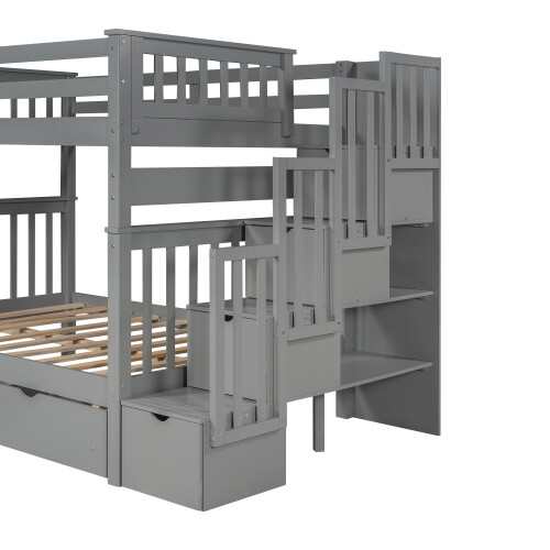 Full Over Full Bunk Bed w/ 6 Storage Drawers & Stairs For Kids Teens Adults Gray