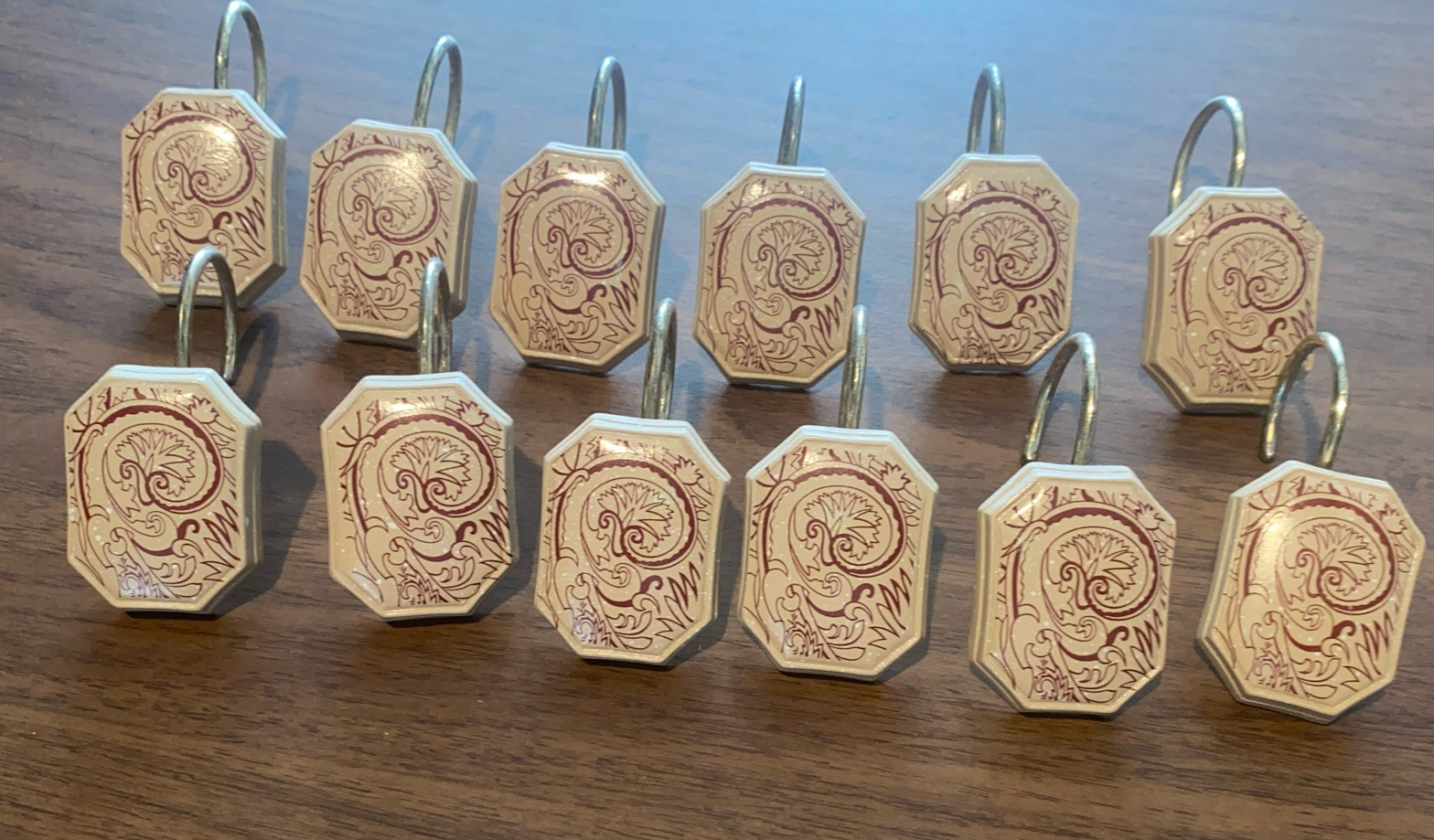 Beige Maroon Paisley Shower Curtain Hooks Set of 12 Octagon