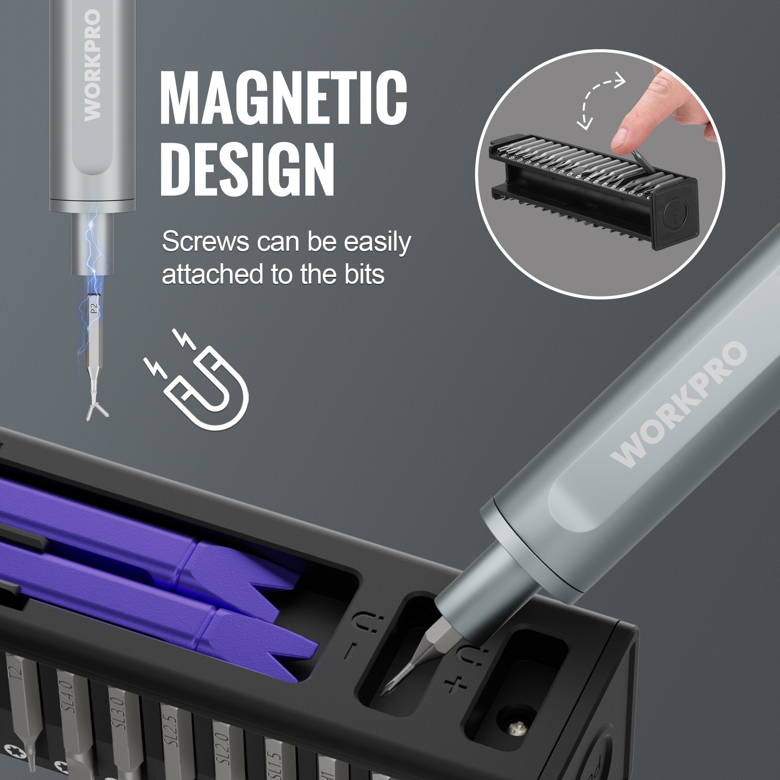 WORKPRO Mini Electric Screwdriver with Magnetizer 36 S2 Steel Bits & 2 Pry Bars