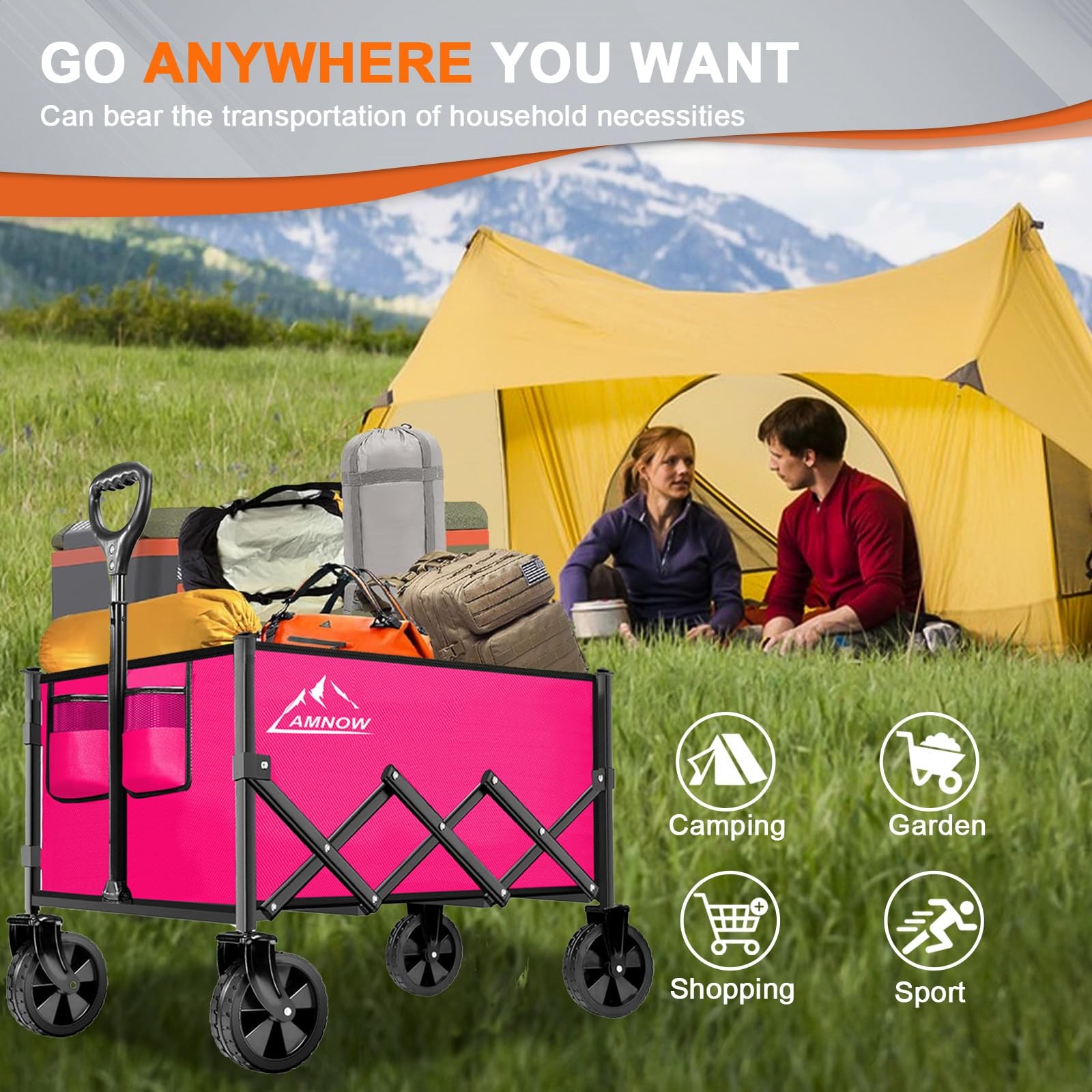 Folding Wagon Cart 350lbs Large Capacity All Terrain Wheels Rose