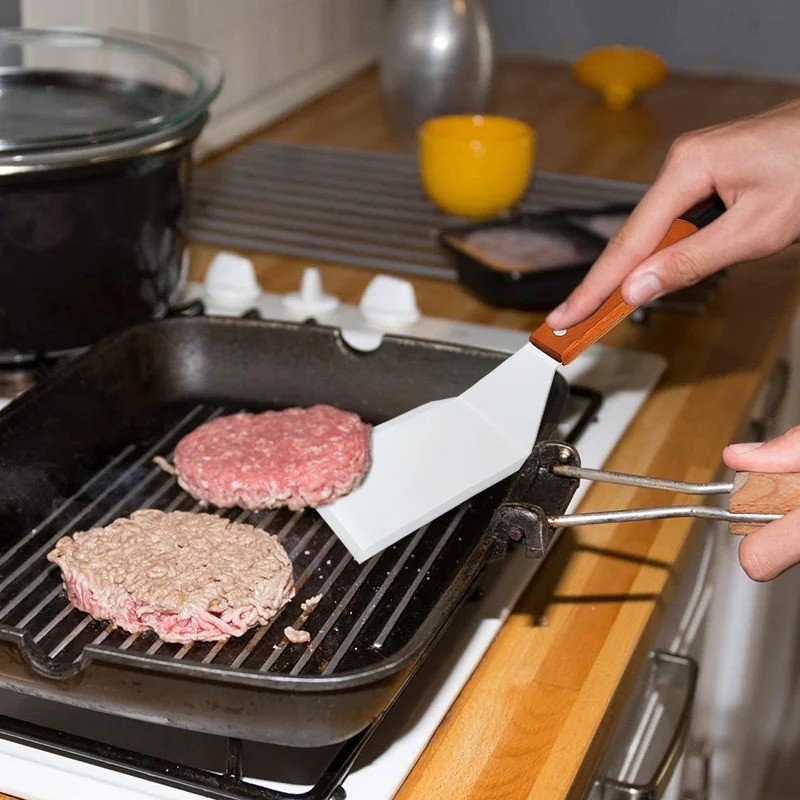 Metal Spatula Beveled Edges, Stainless Steel Spatula with Wood Handle *