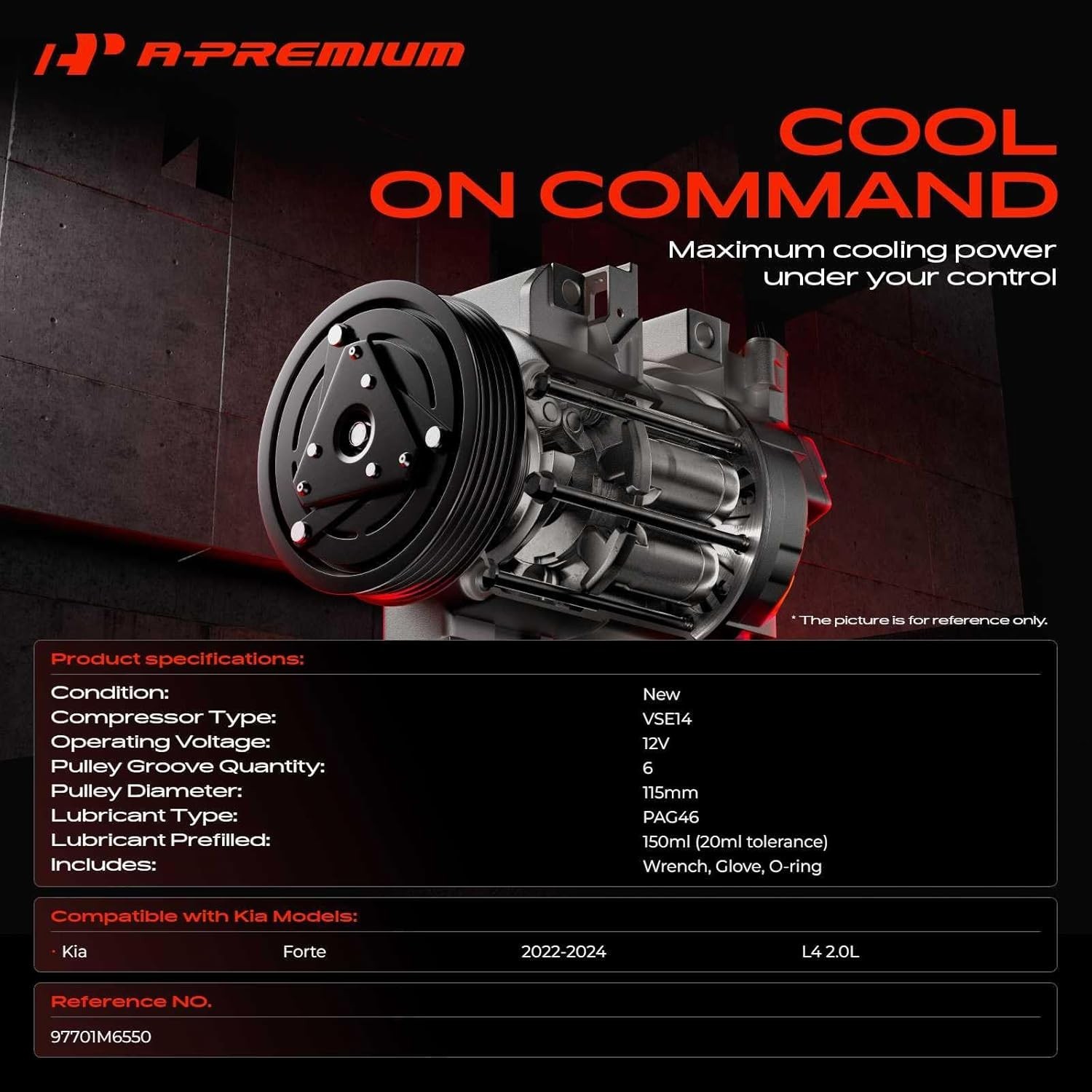 Air Conditioner AC Compressor with Clutch Compatible with Kia Forte 2022 2023 20