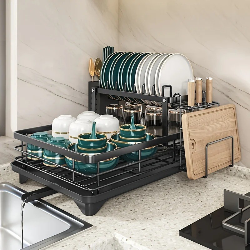 2 Tier Dish Drying Rack Foldable Stainless Steel Dish Drainer Kitchen Counter