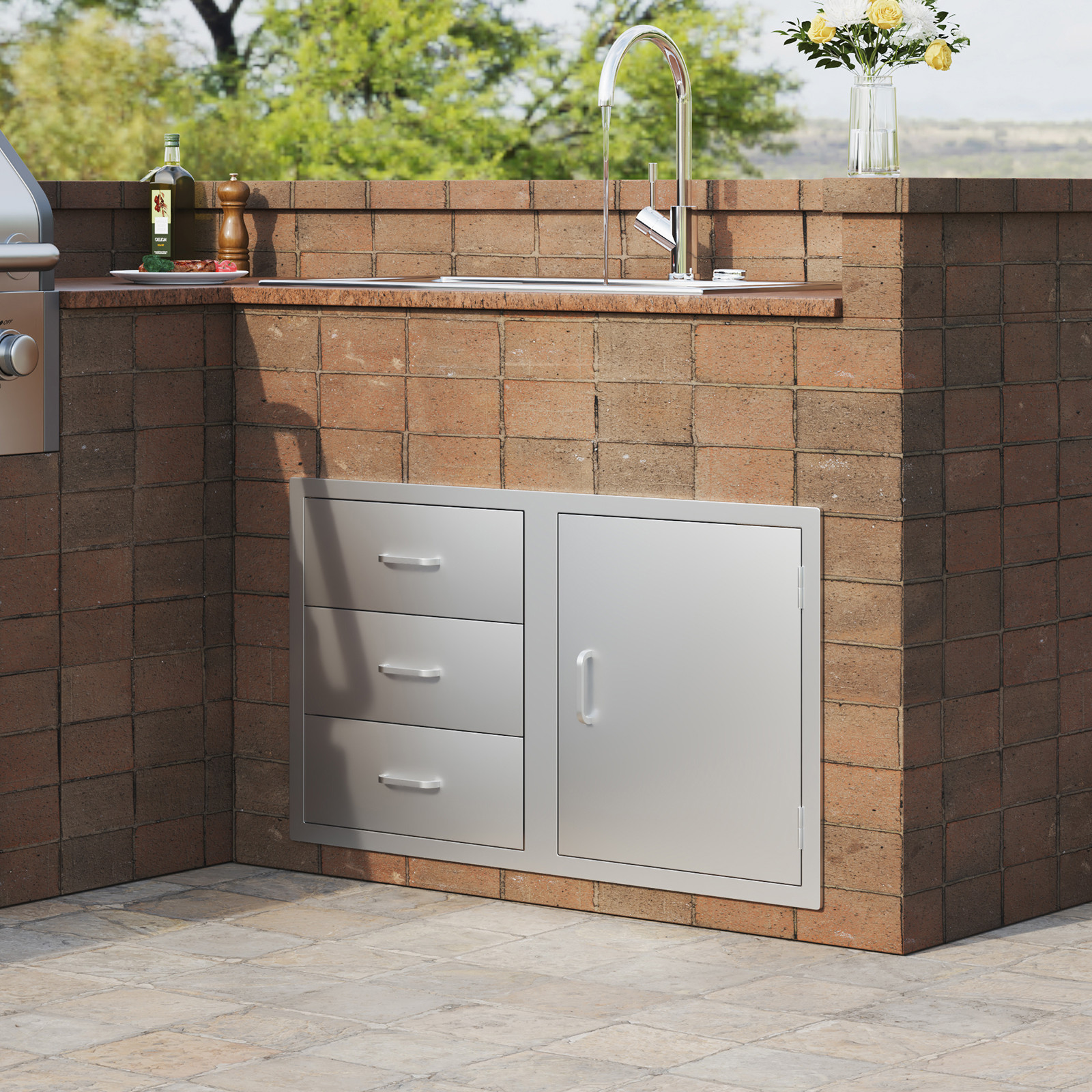 VEVOR Outdoor Kitchen Door Drawer Combo 38W x 23H BBQ Access Door/Triple Drawers
