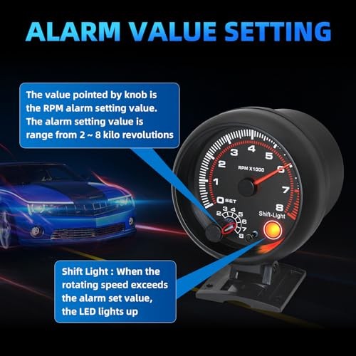 3.75 inch (95mm) Tachometer with Shift Light, 8000 RPM Gauge, 5-Level
