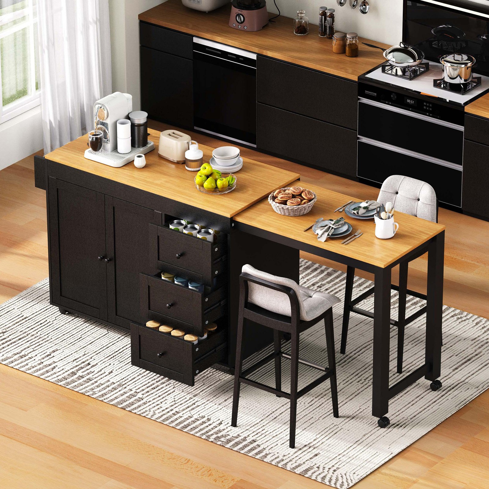 74.8 Inch Kitchen Island with Extendable Dining Table Rolling Storage Cart Power