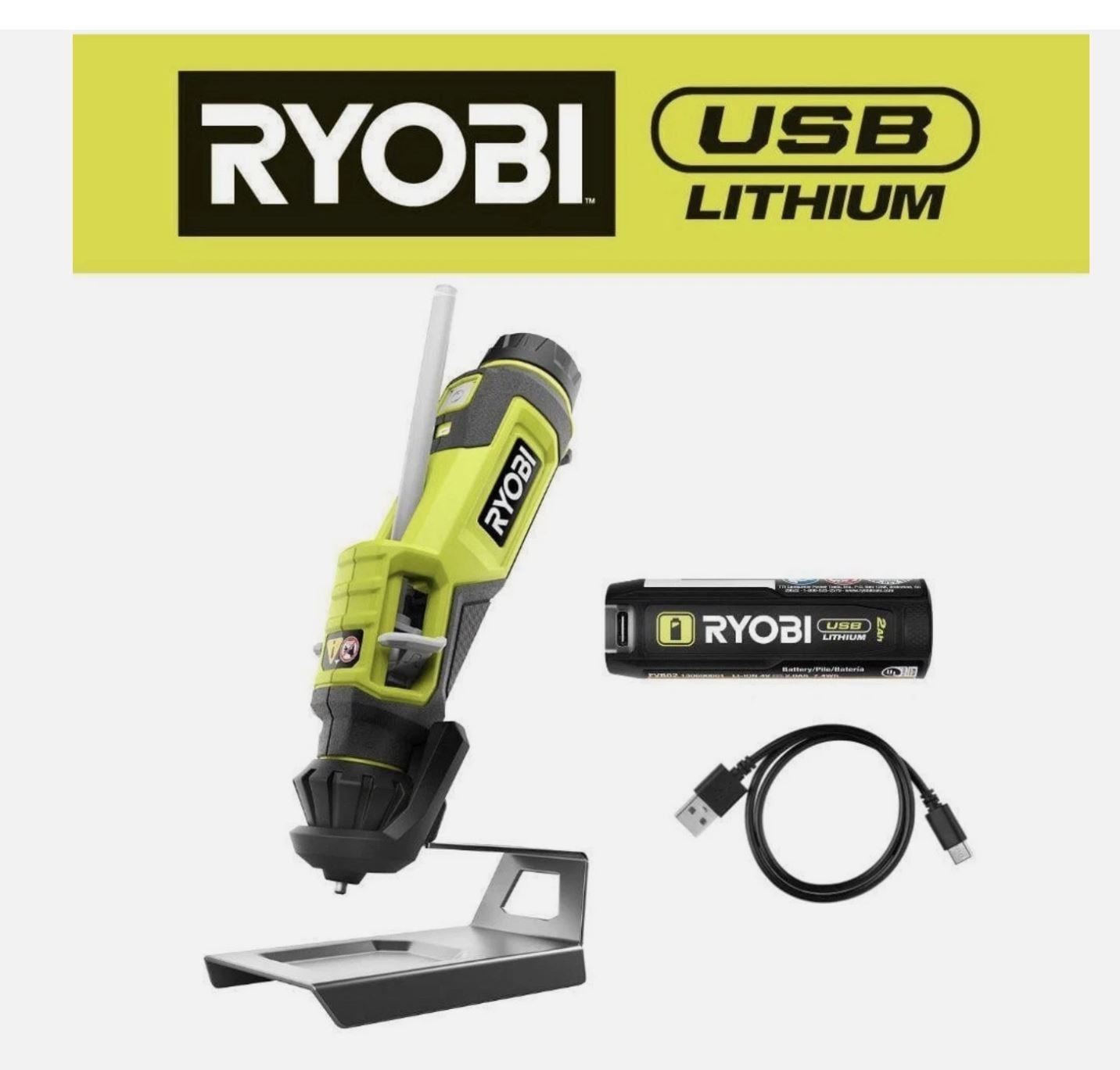 Ryobi USB Lithium Glue Pen Kit with 2.0 Ah USB Lithium Battery – Charging Cable