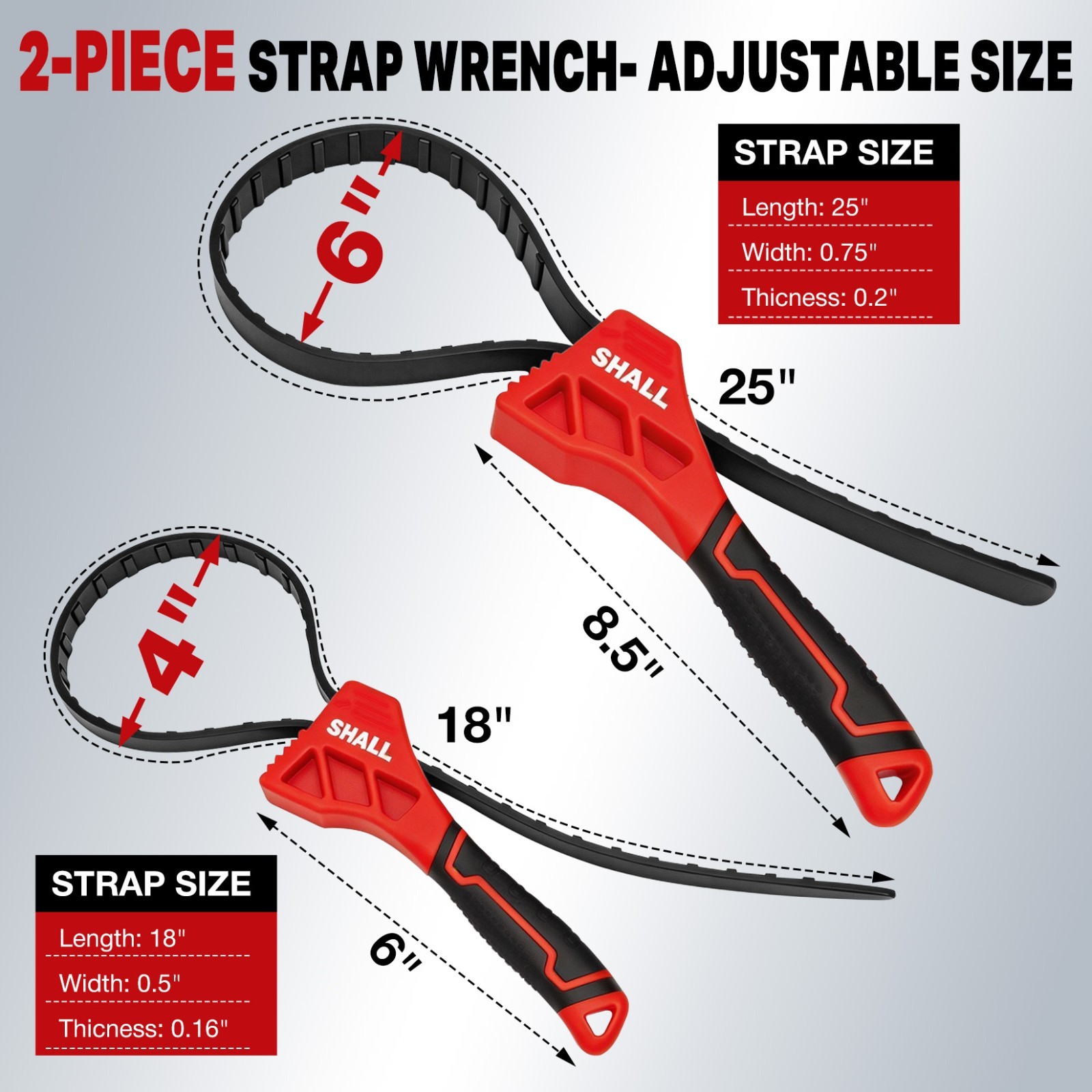 SHALL 2 Pack Oil Filter Wrench Set,Rubber Strap Wrench with Max Diameter 4″&6″