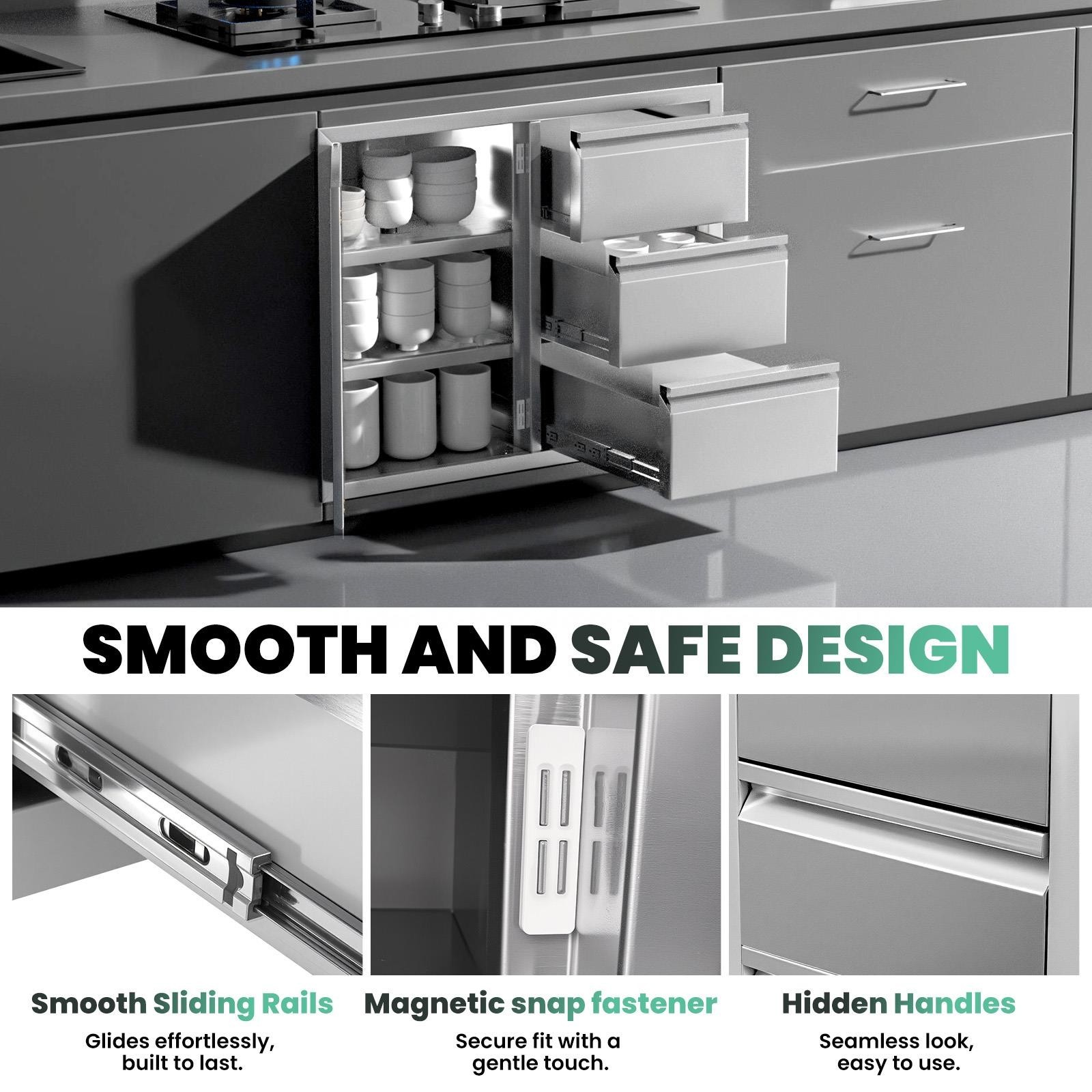 Outdoor Kitchen Door Drawer Combo 28″x22″ BBQ Triple Drawers & Access Cabinet