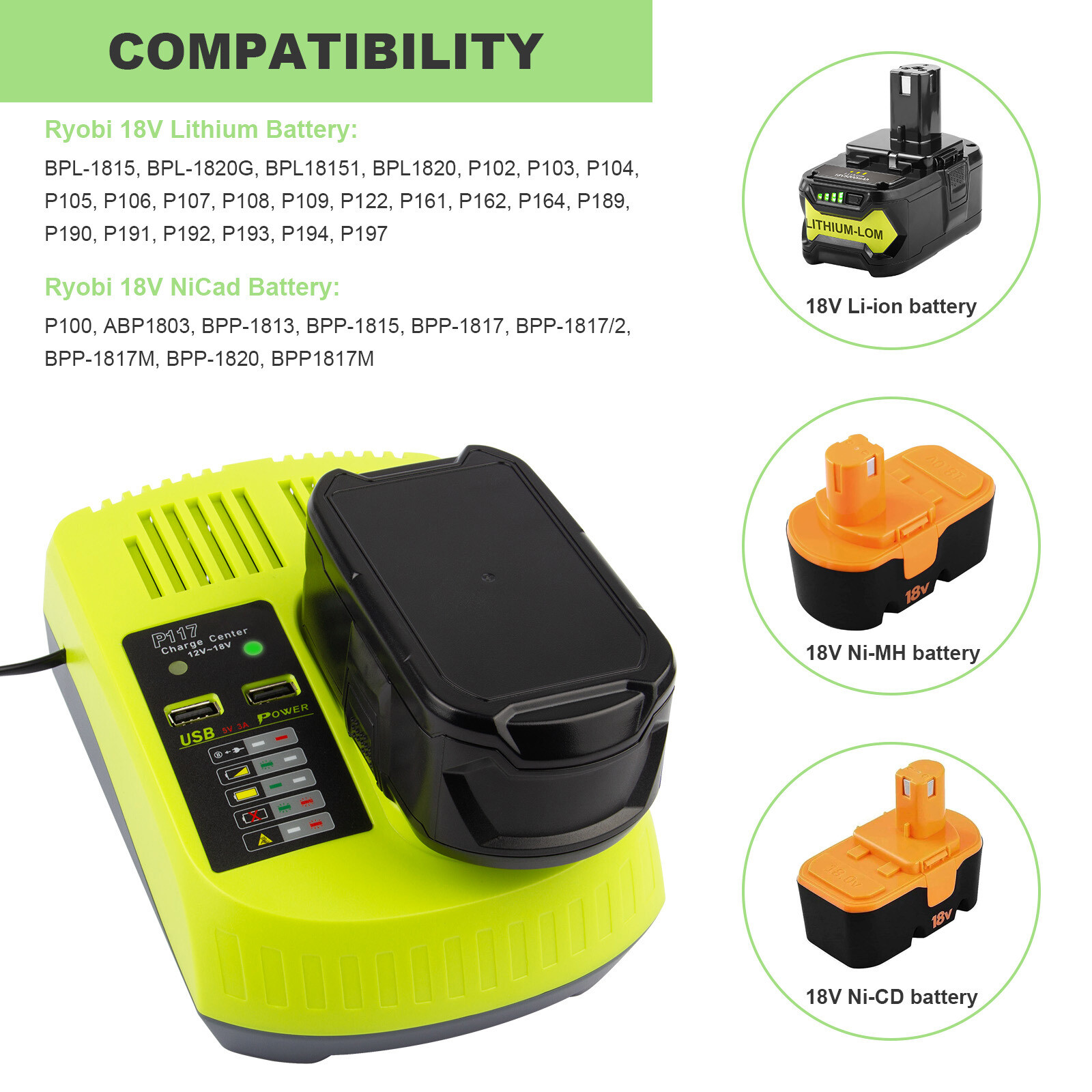 P117 Charger For RYOBI P108 18V For One+ Plus High Capacity Lithium-Ion Battery