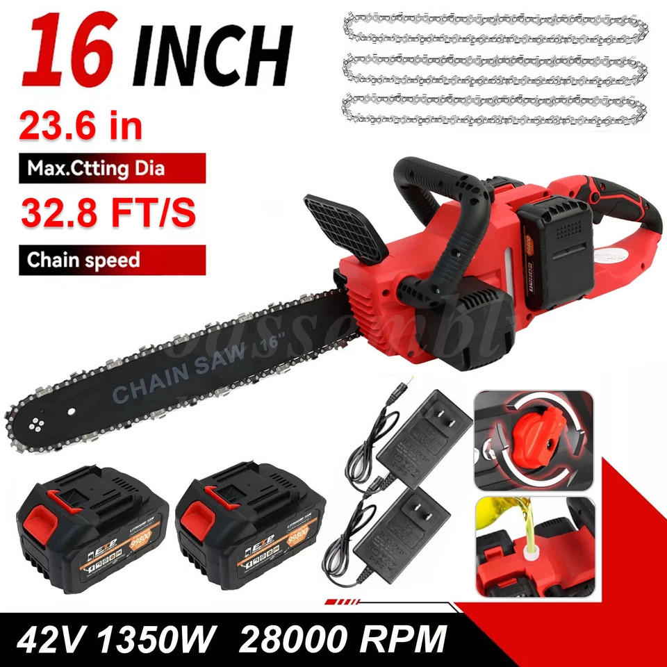 16″ Cordless Electric Chainsaw 42V Brushless Handheld Chain Saw 2Battery&Charger