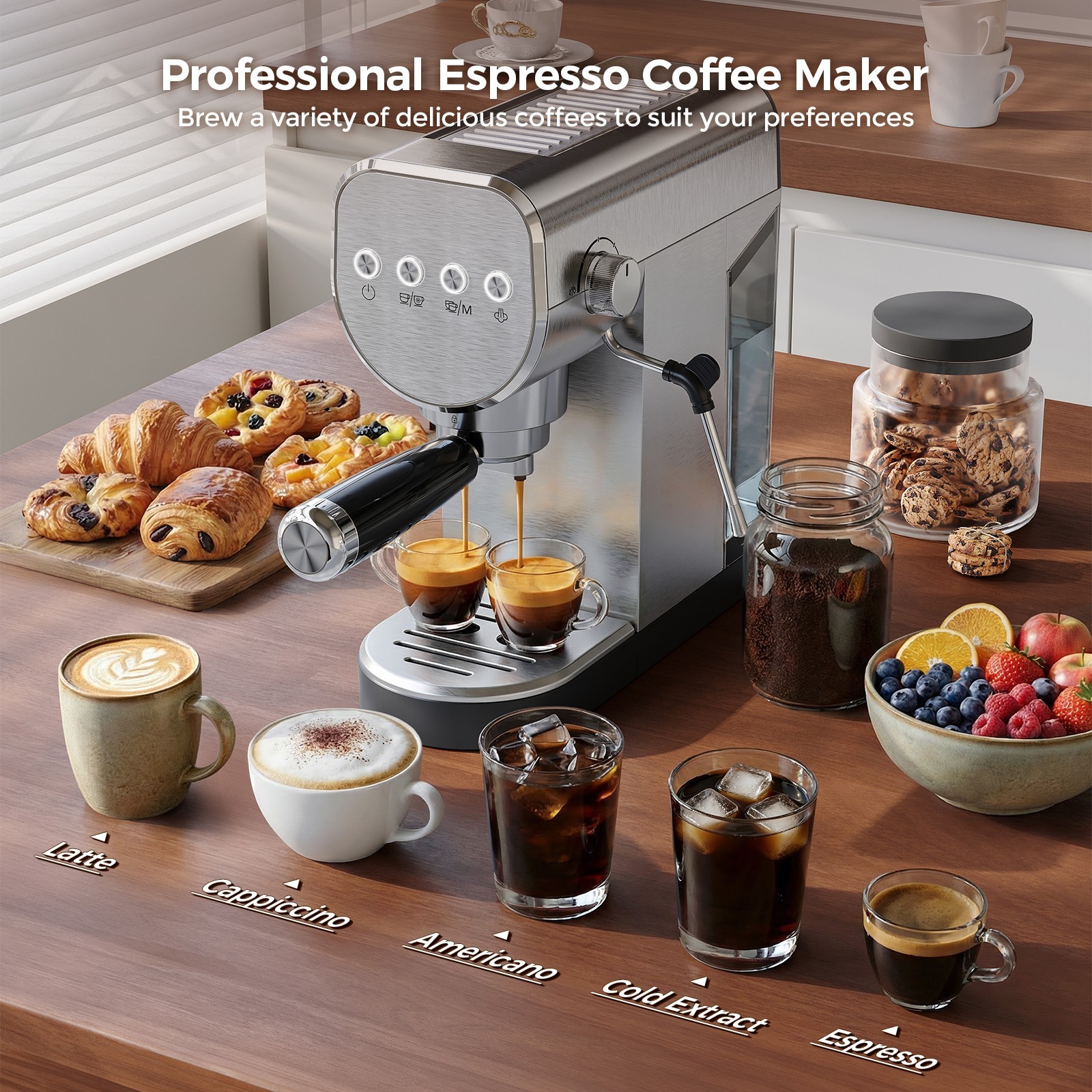 20 Bar Espresso Machine w/ Milk Frother & Cold Brew, 1250W Compact Latte Maker