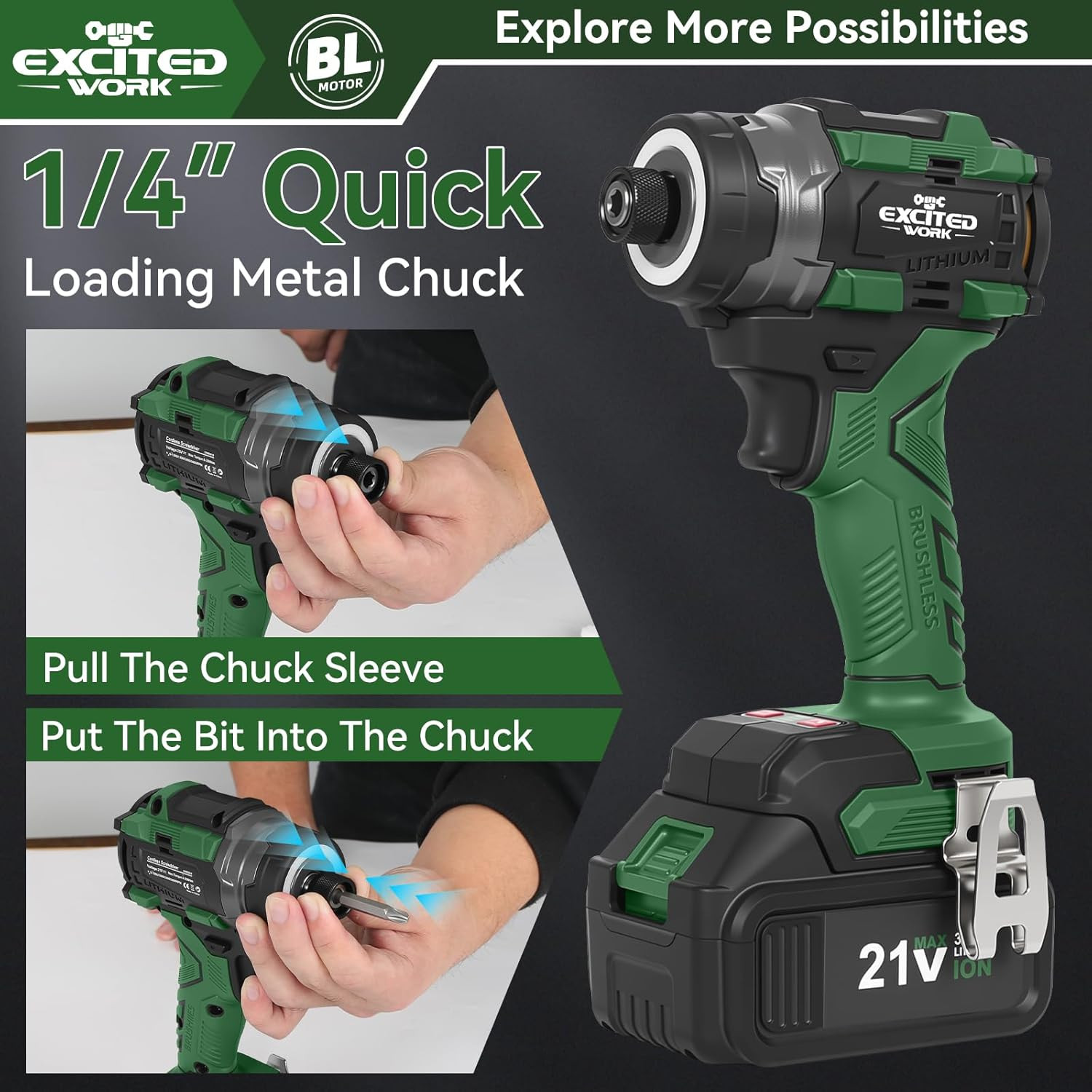 21V Brushless Impact Screwdriver, 230Nm Electric Cordless Driver Set with Dual