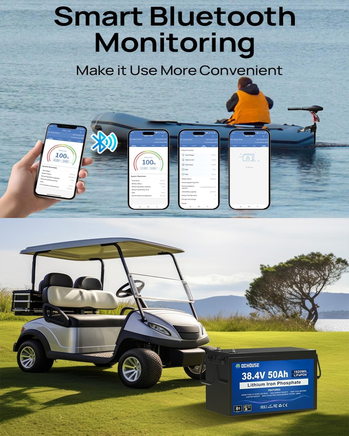 36V 50AH Lithium Golf Carts Lifepo4 Battery with 36V 25A Charger Bluetooth RV