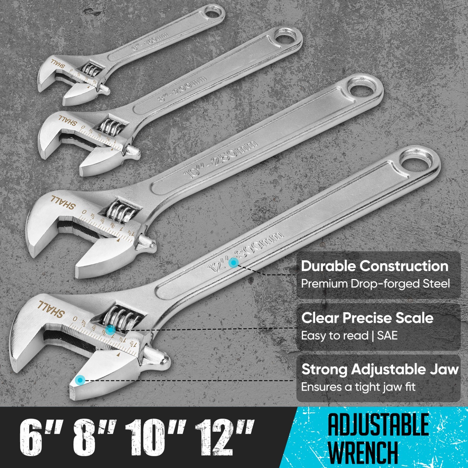 SHALL 8-Piece Adjustable Wrench & Water Pump Pliers Set, 12/10/8/6 Inch