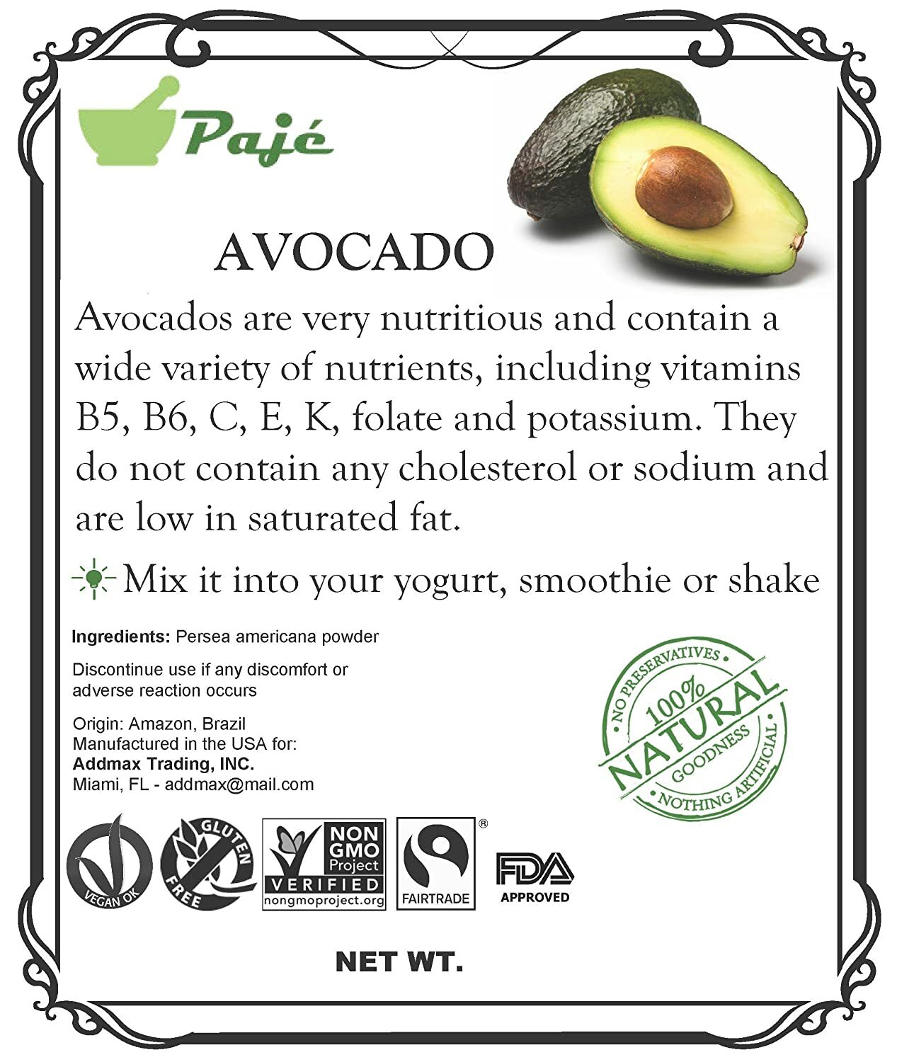 AVOCADO freeze dried powder 8oz 16oz 1lb 32oz 2lb 5lb 10lb 44lb 20kg 25kg PAJE
