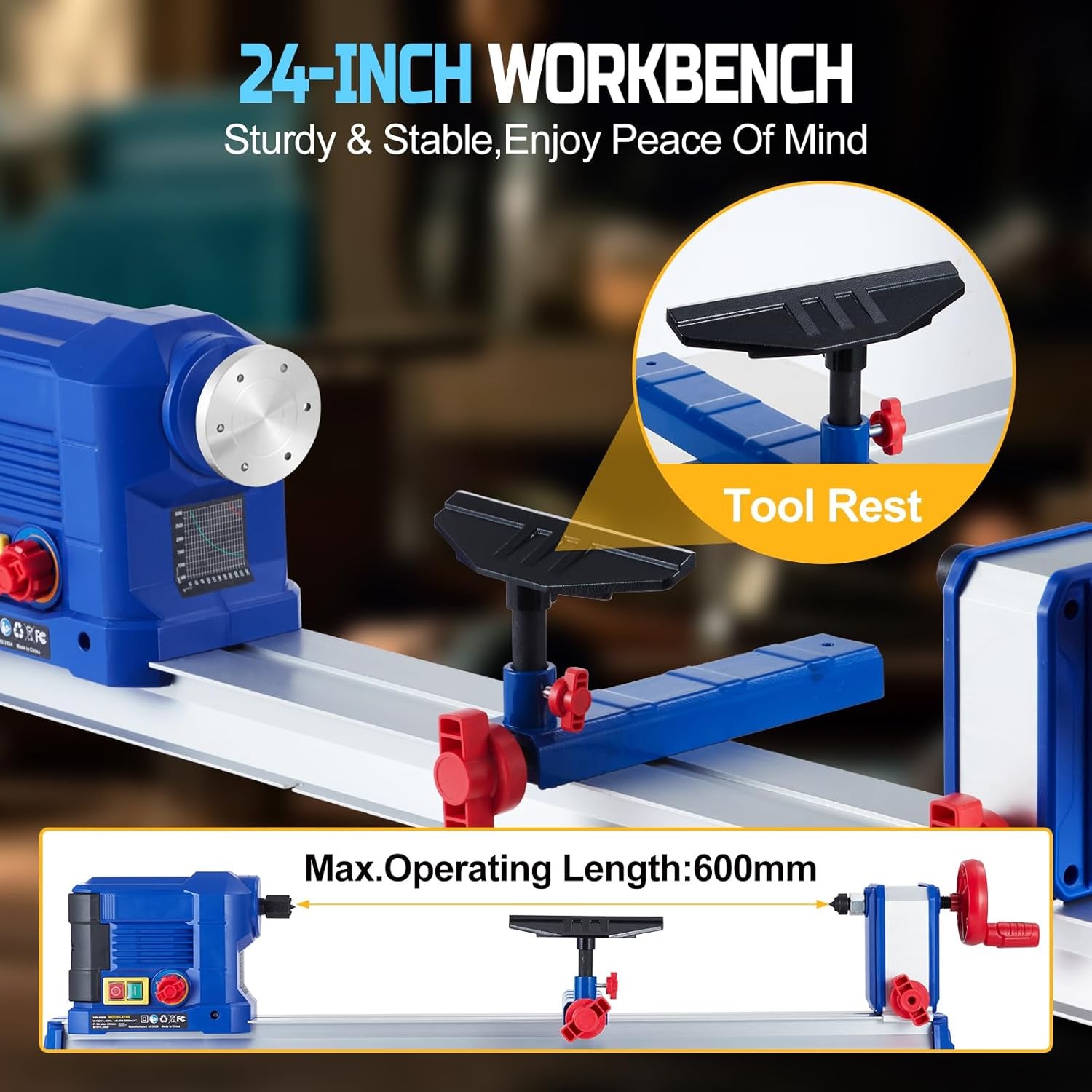 Wood Lathe 10″ x 24″ Wood Turning Benchtop Wood Lathe Variable Speed 0.8 HP 600W