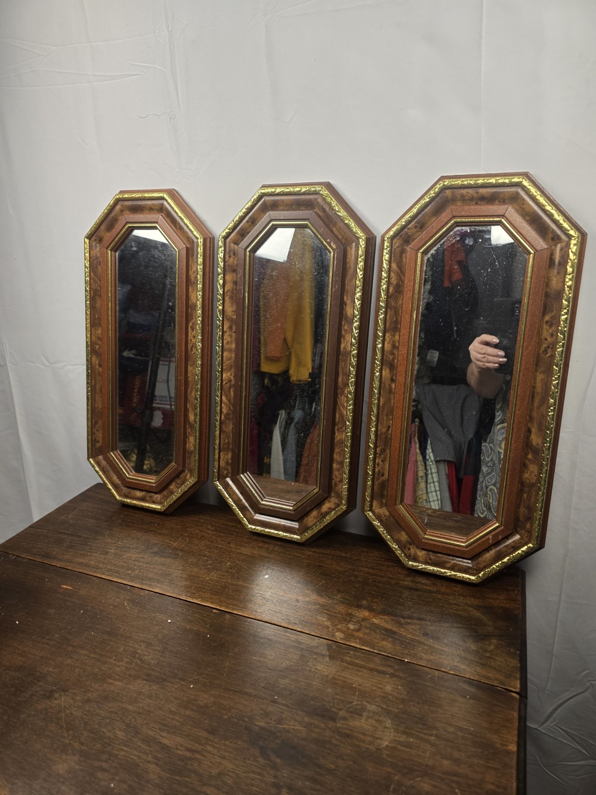 Set Of 3 VTG Home Interior Accent Mirror Octagon Faux Burl Wood & Gold Trim
