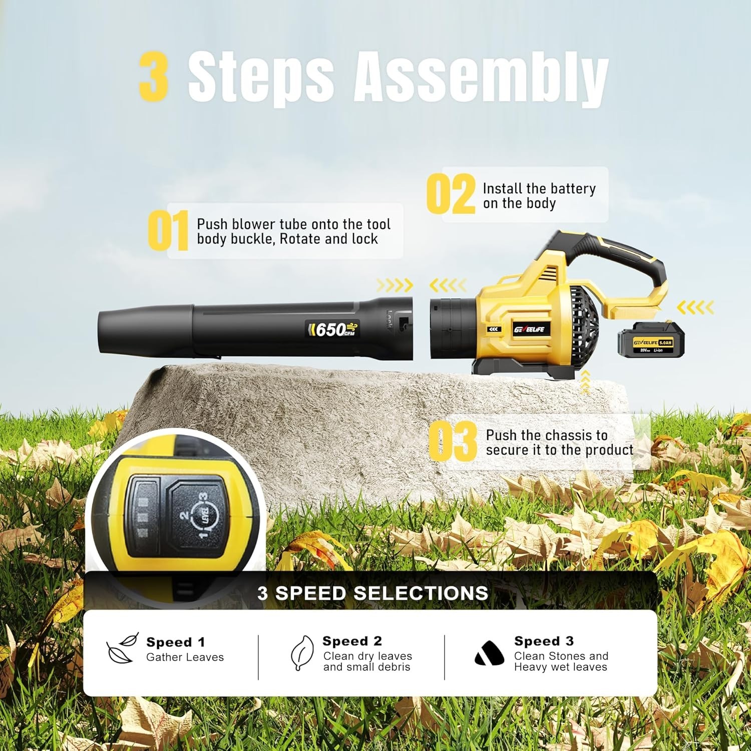 Cordless Leaf Blower 650CFM 3 Speed Levels 2 x 5.0Ah Battery Powered GEVEELIFE