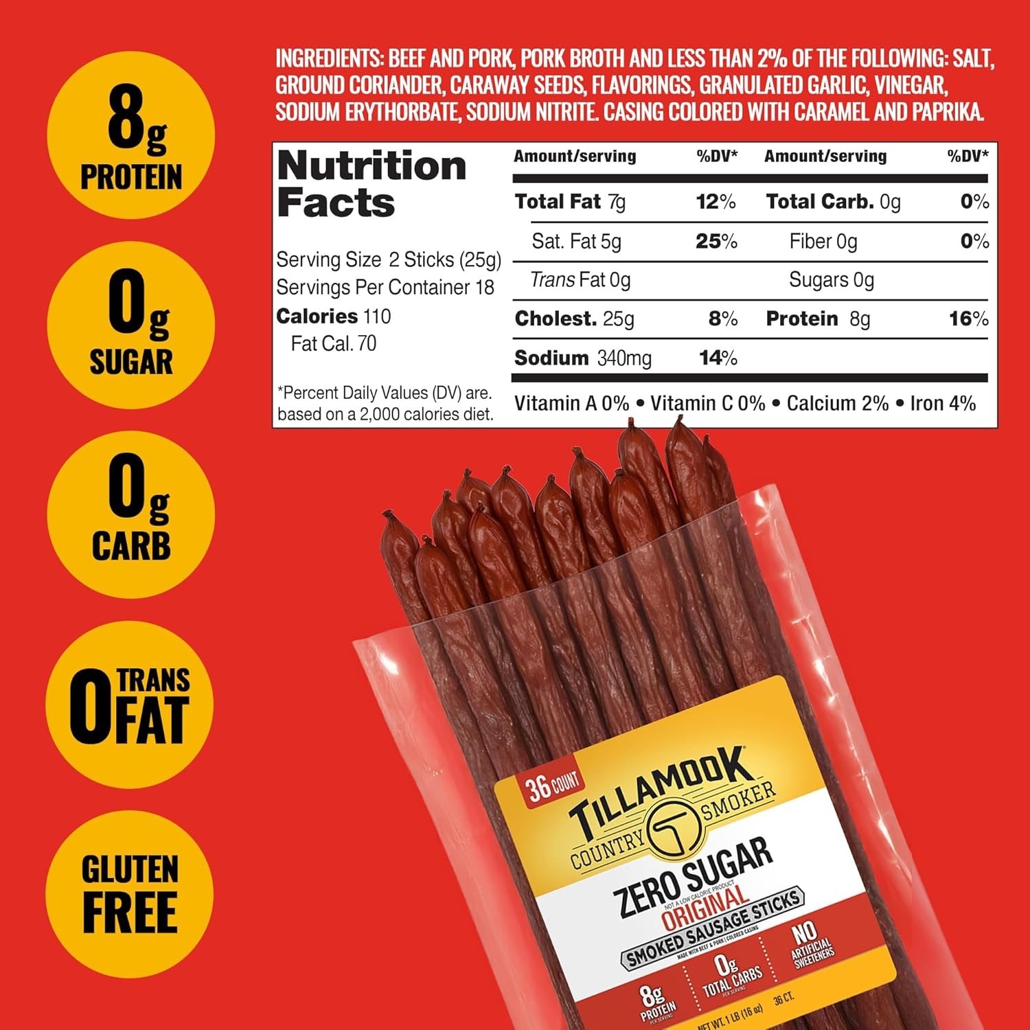 Tillamook Country Smoker – Hunter’s Sausage Meat Sticks 36 ct Bulk-USA