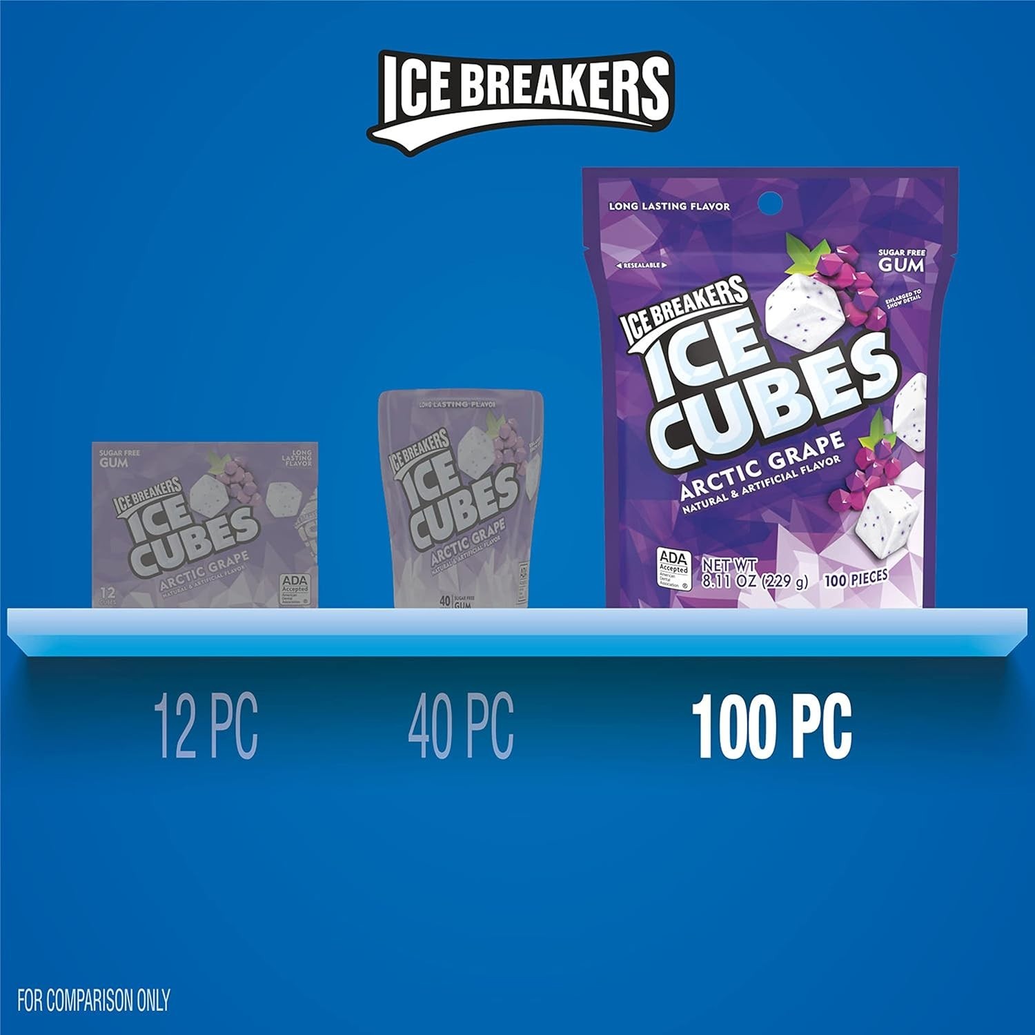 Ice Breakers Ice Cubes Arctic Grape Sugar Free Gum Pouch 100 Pieces 8.11oz