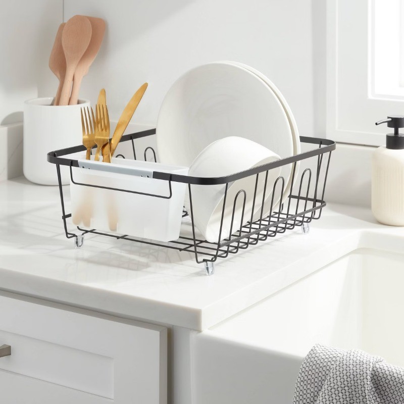 Small Steel Dish Drainer Black Freestanding Dish Drying Rack with Utensil