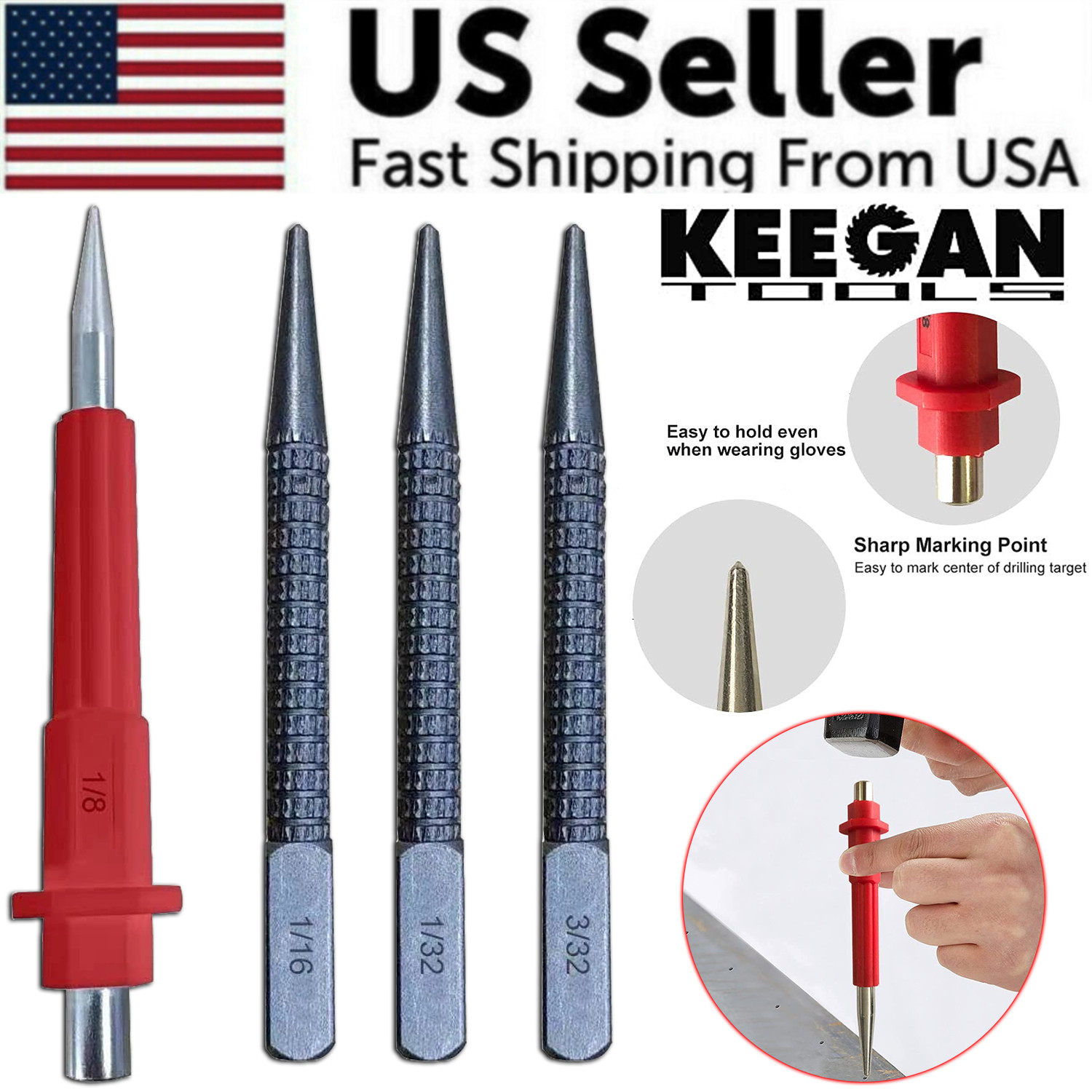 4 Piece Nail Setter & Center Punch Set 4″ Wood Metal Super Impact Resistance USA