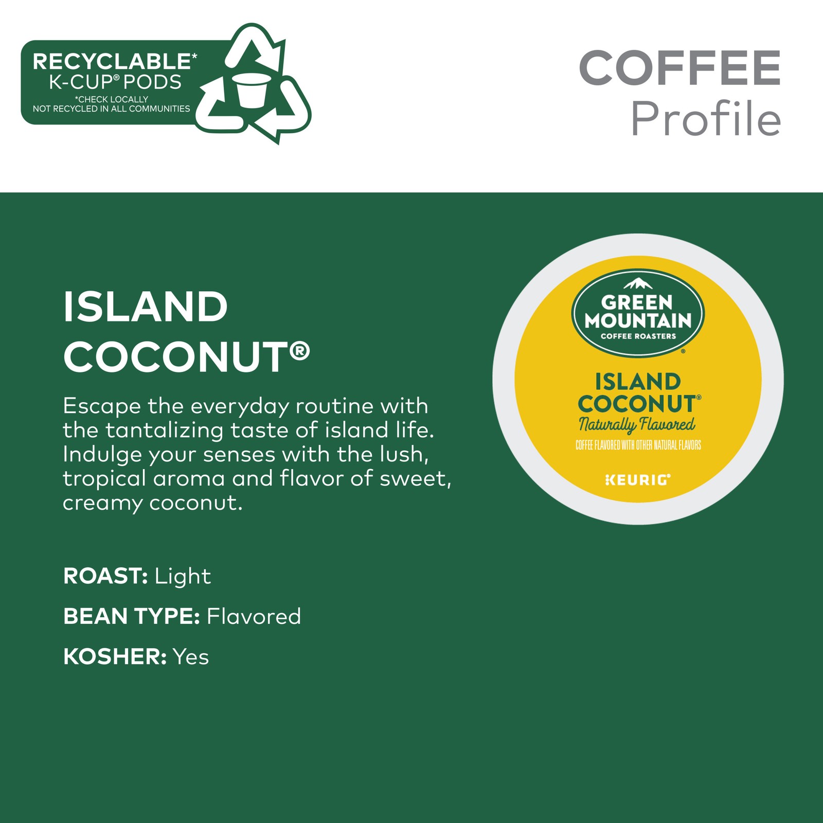 Green Mountain Coffee Island Coconut K-Cups, Light Roast Coffee, 24 Count