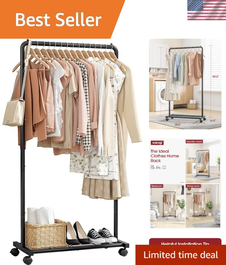 Compact Heavy-Duty Clothing Rack with Movable Shelves & Casters – 28×16.9×59