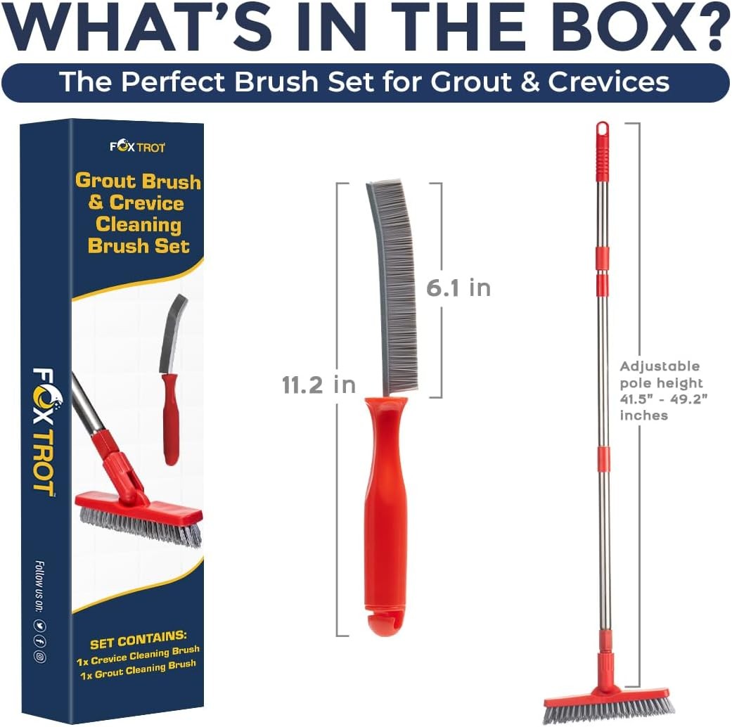 Foxtrot Grout Brush Set: Long Handle, Crevice Cleaner for Tile & Grout