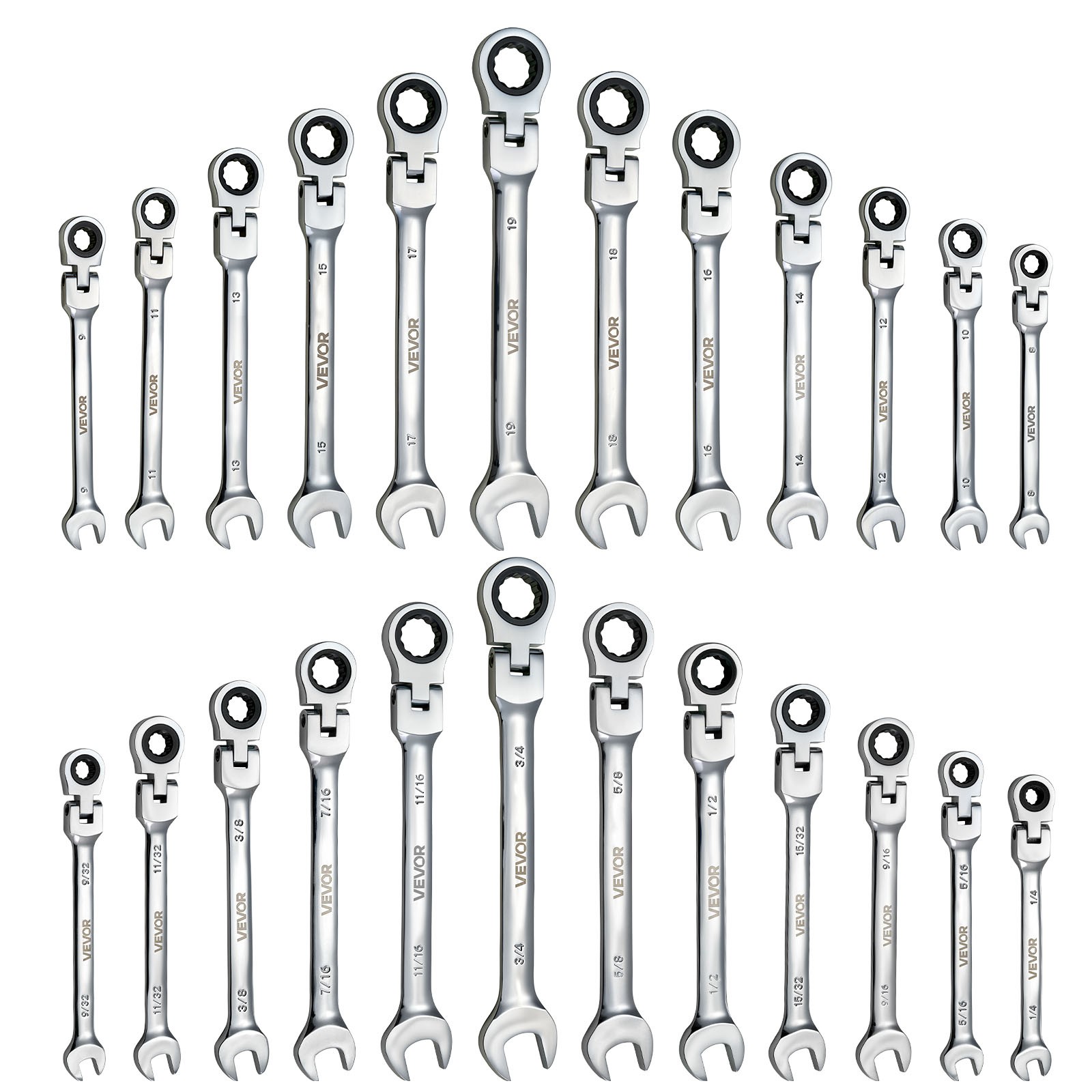 VEVOR Flex-Head Ratcheting Wrench Set Combination Wrench Set 24-Piece SAE Metric