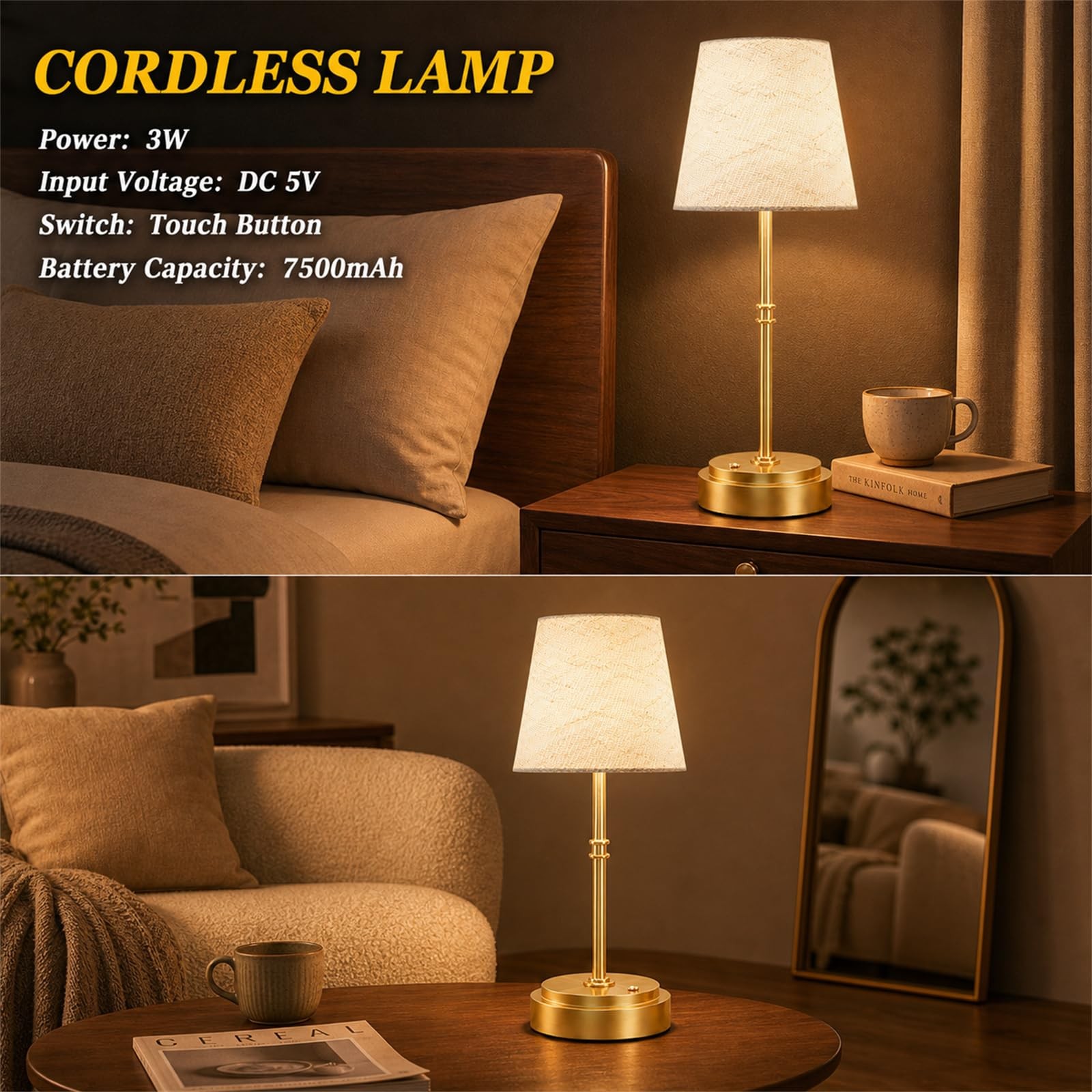 Rechargeable Cordless Table Lamp Gold – 1 Pack Brass 7500mAh Battery Operated…