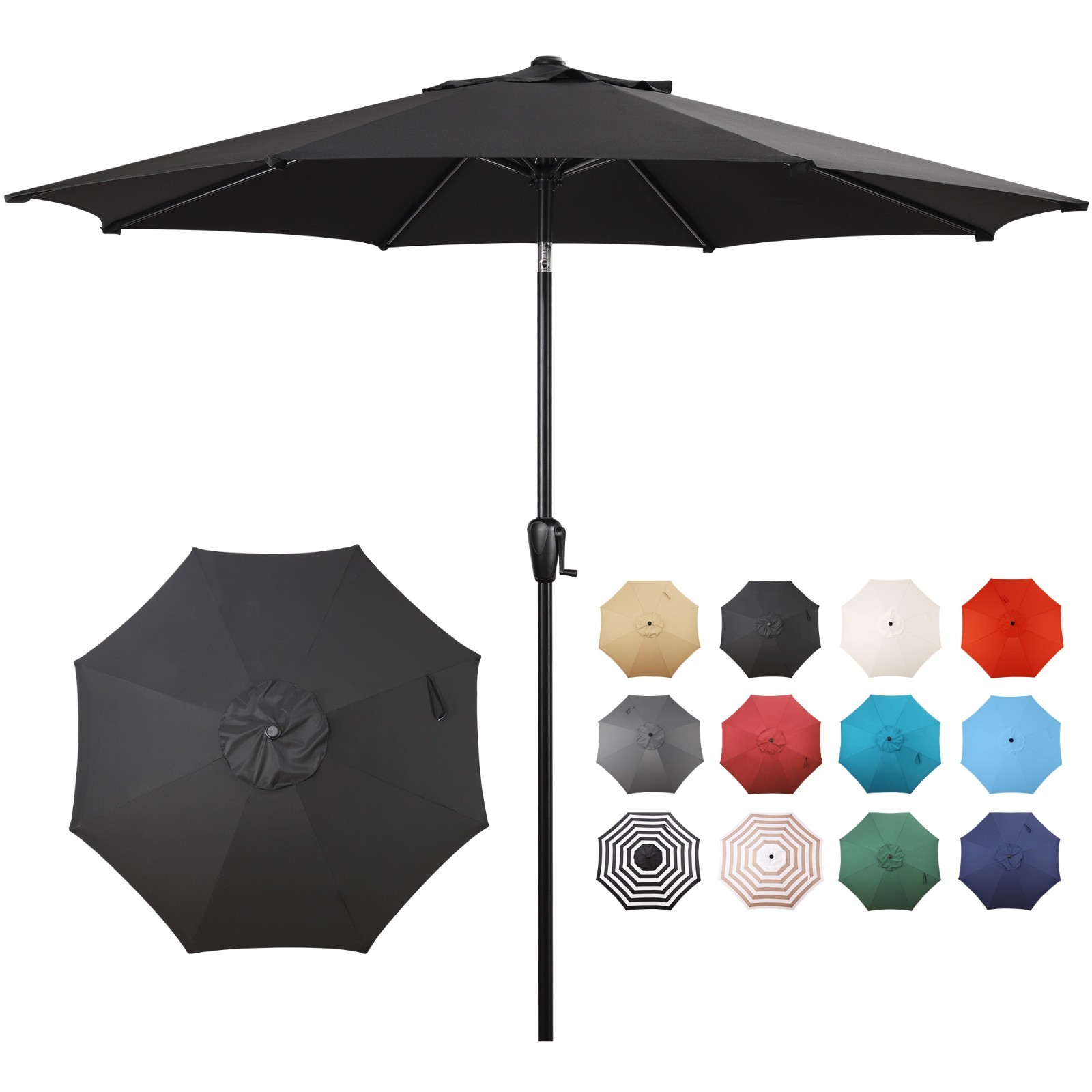 Sun-Ray 9′ Round Patio Umbrella with Push-Button Tilt & Crank Lift, Multi Colors