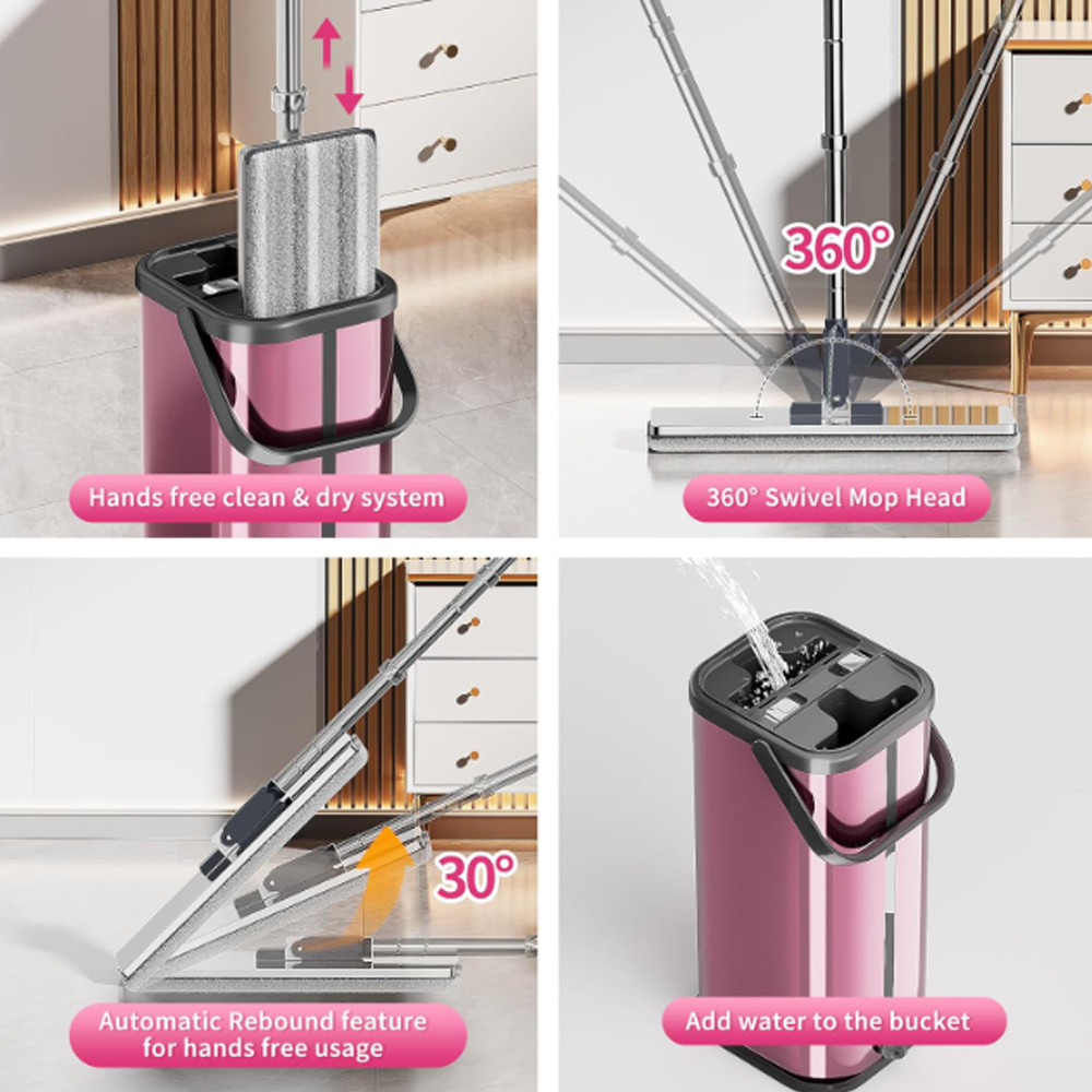 Flat Mop Bucket Set Separate Dirty Water Stainless Steel Bucket 2/4/6 Pads