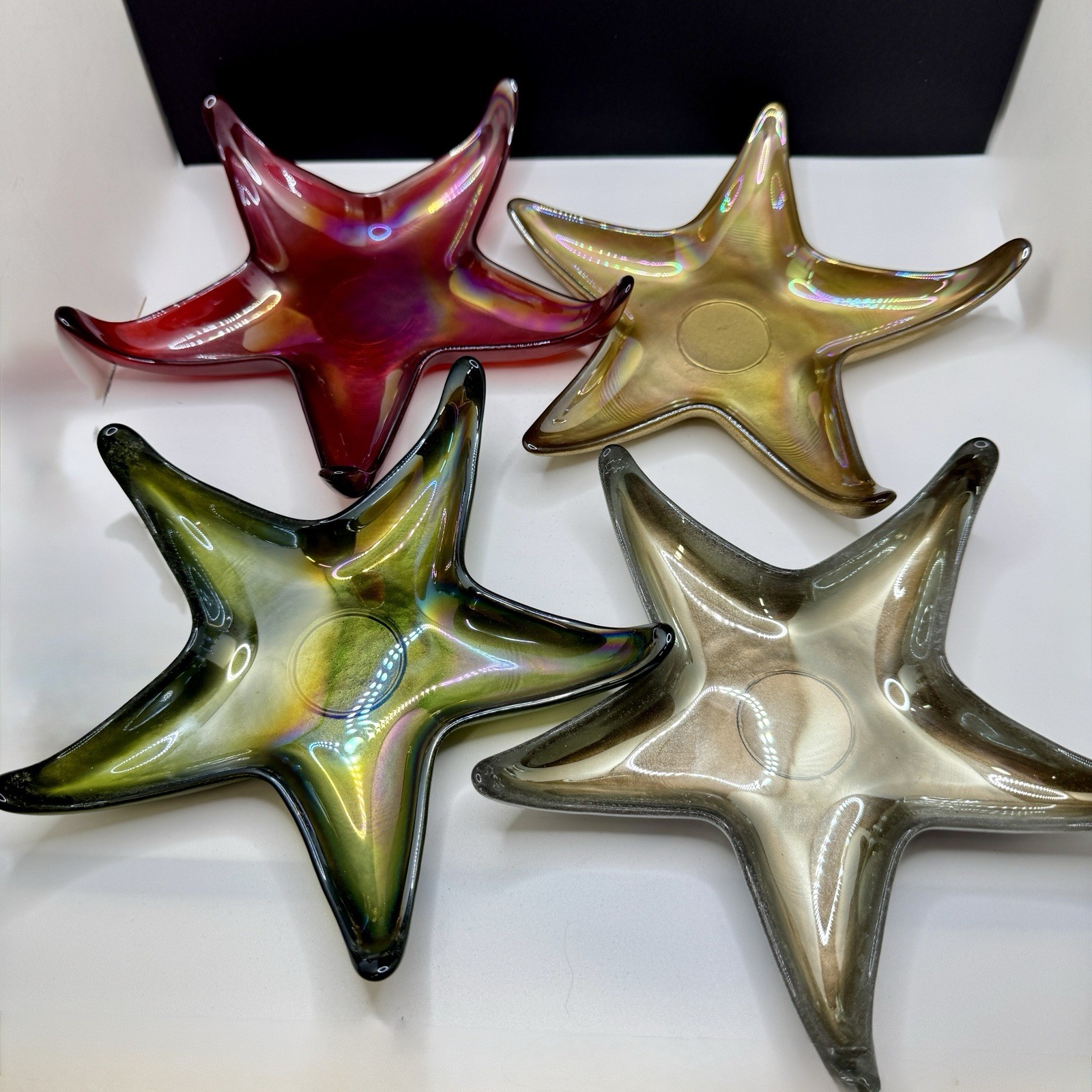 Set of 4 Akcam Turkish Glass Colored Iridescent Starfish Dishes Brand Un-used.