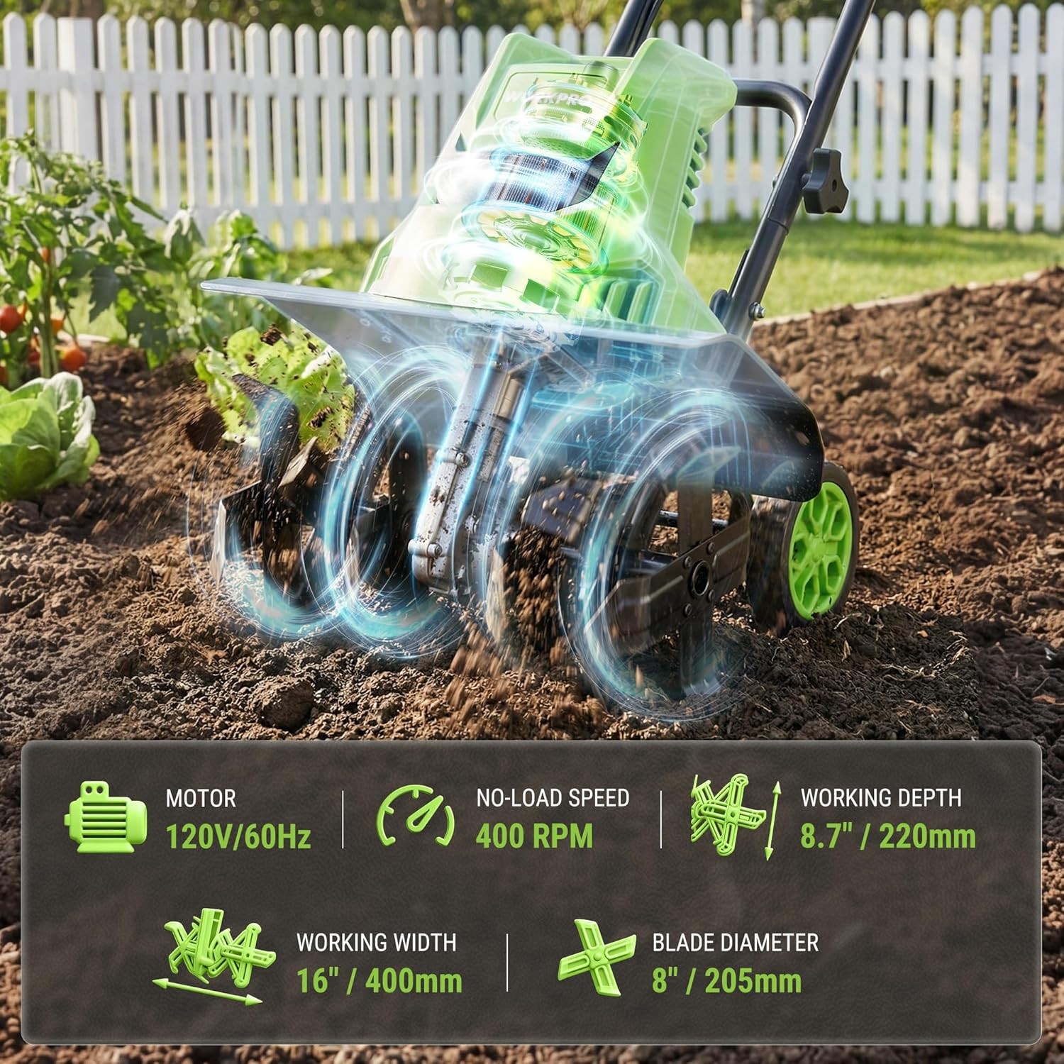 WORKPRO 1500W Electric Tiller 12.5A Corded Cultivator w/6 Steel Tines 16″Wx8.7″D