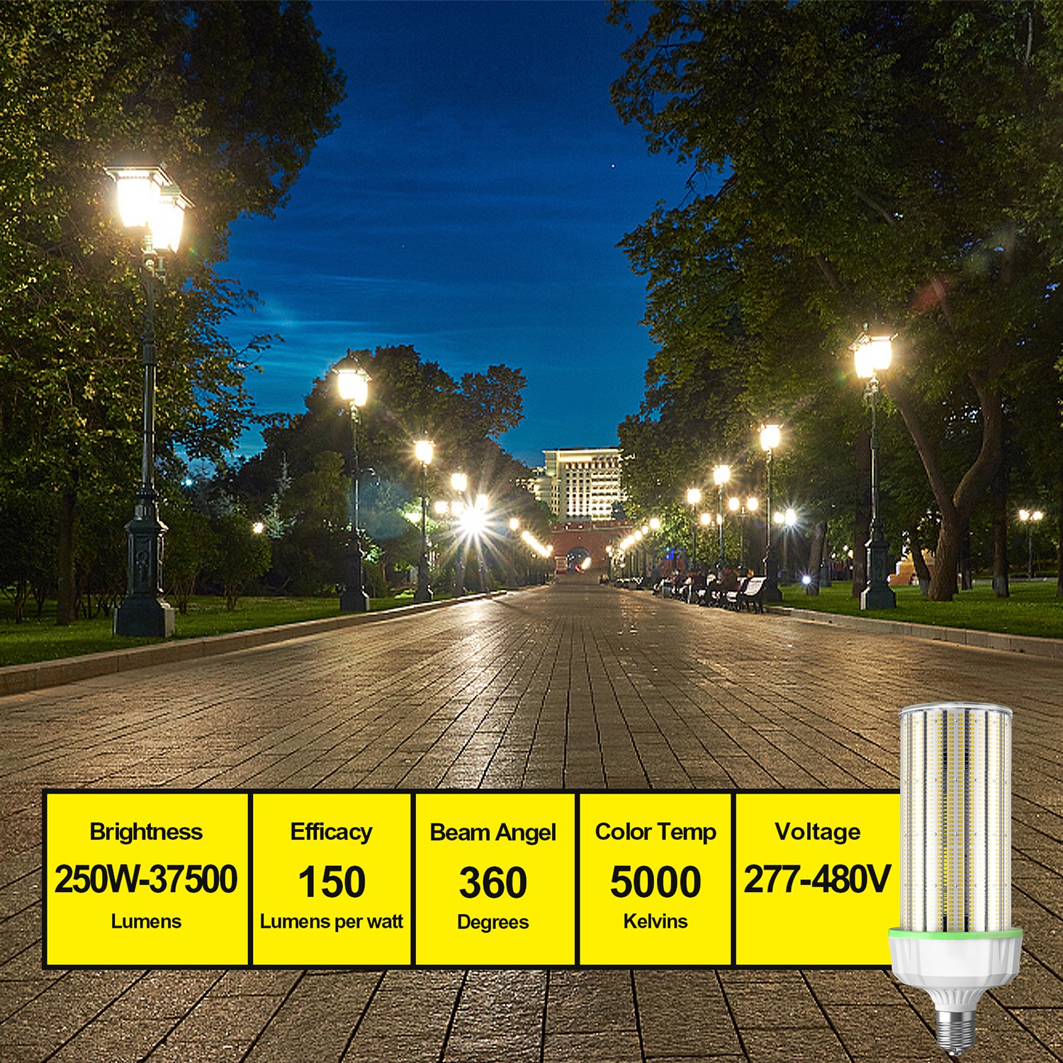 480 Volts 250W LED Corn Light Bulb E39 Base 5000K 36000Lumens Warehouse Lighting