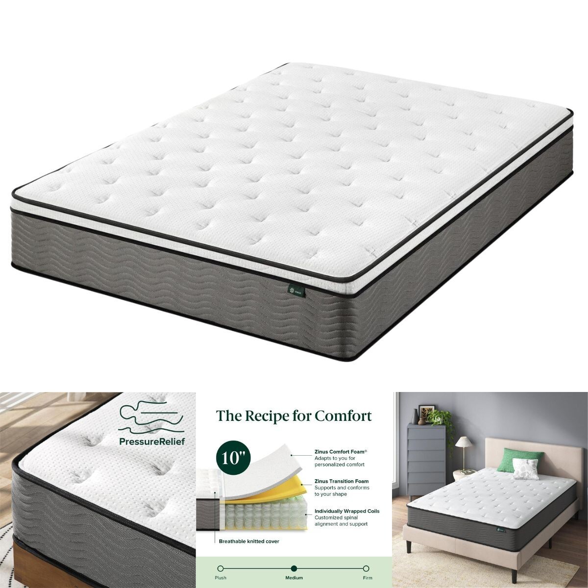 Zinus Pressure Relief Extra Firm Hybrid Mattress Comfort Foam and Pocket Spring