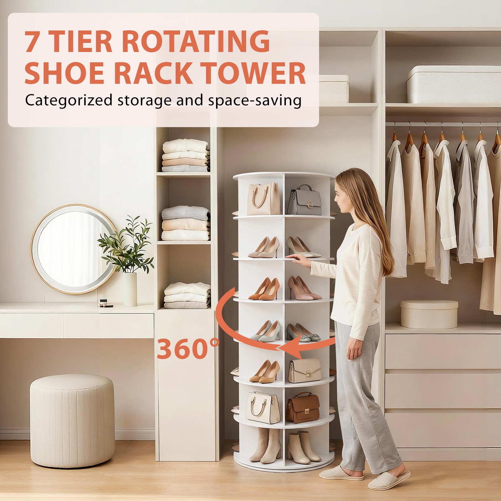 7 Tier Rotating Shoe Rack Tower Organizer Revolving 360 White Shoe Rack Storage