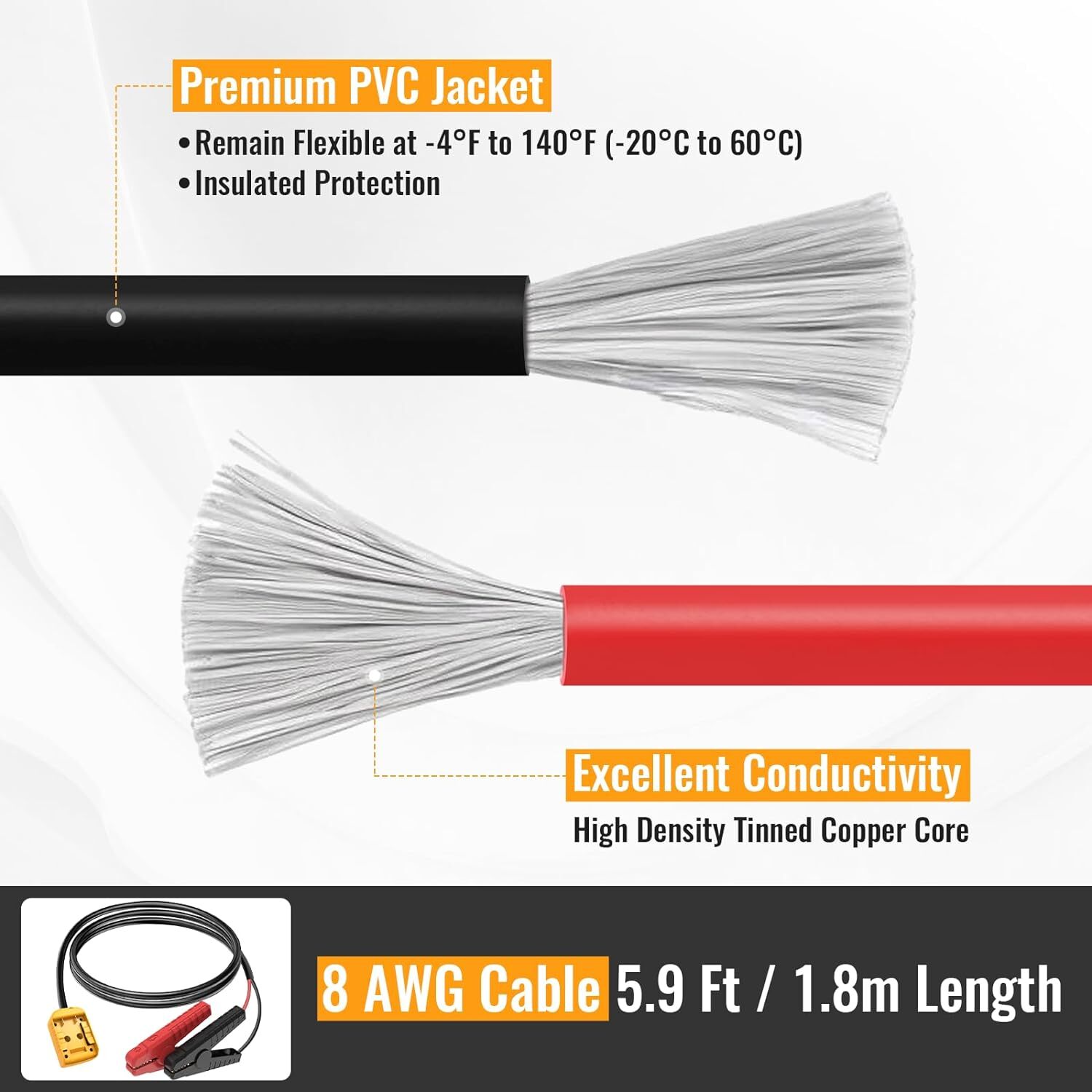 5.9FT Jump Starter 8AWG Jumper Cables Charger Adapter for Dewalt 18V 20V Battery