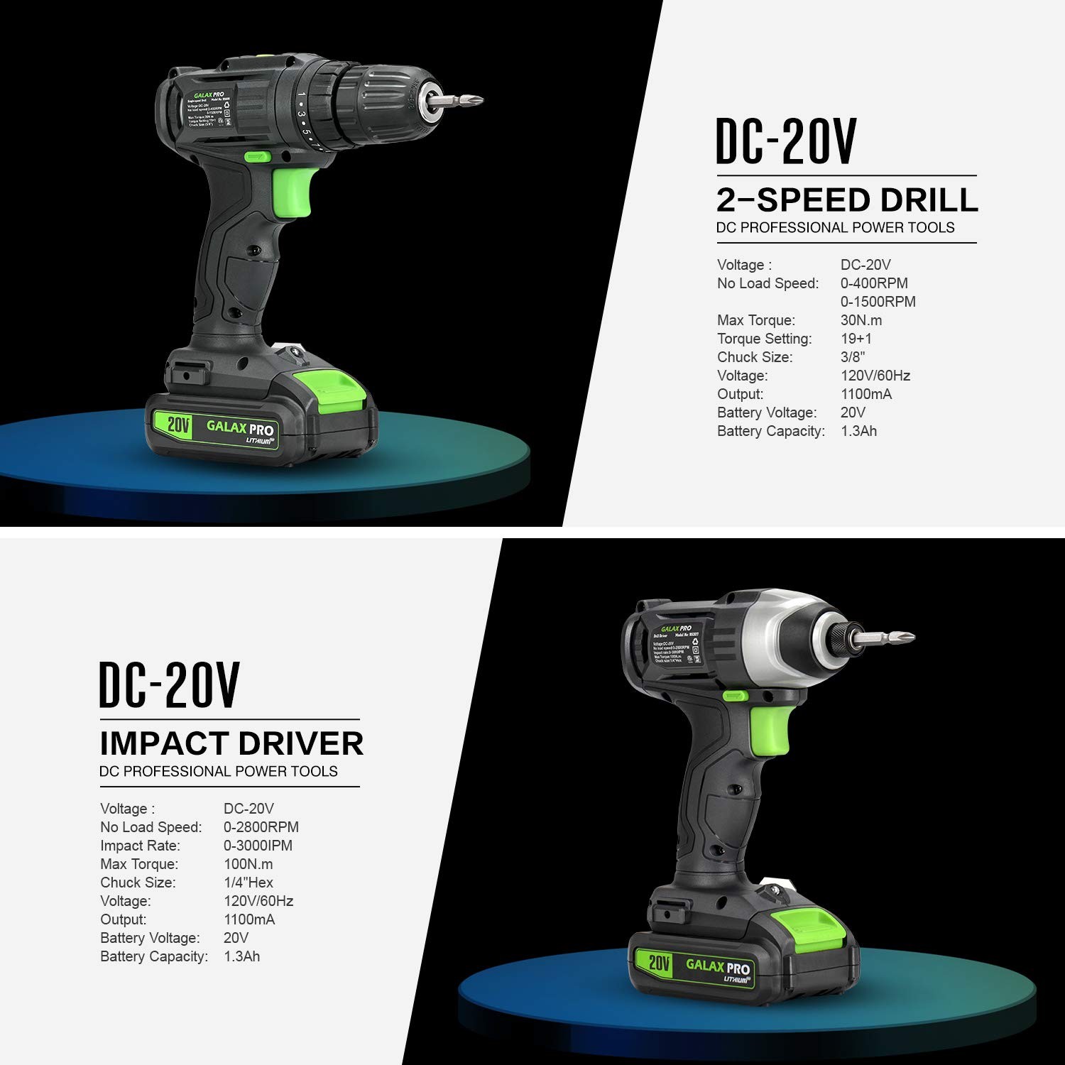 Cordless Drill Driver/Impact Driver with 1pcs 1.3Ah Lithium-Ion Batteries, Ch…