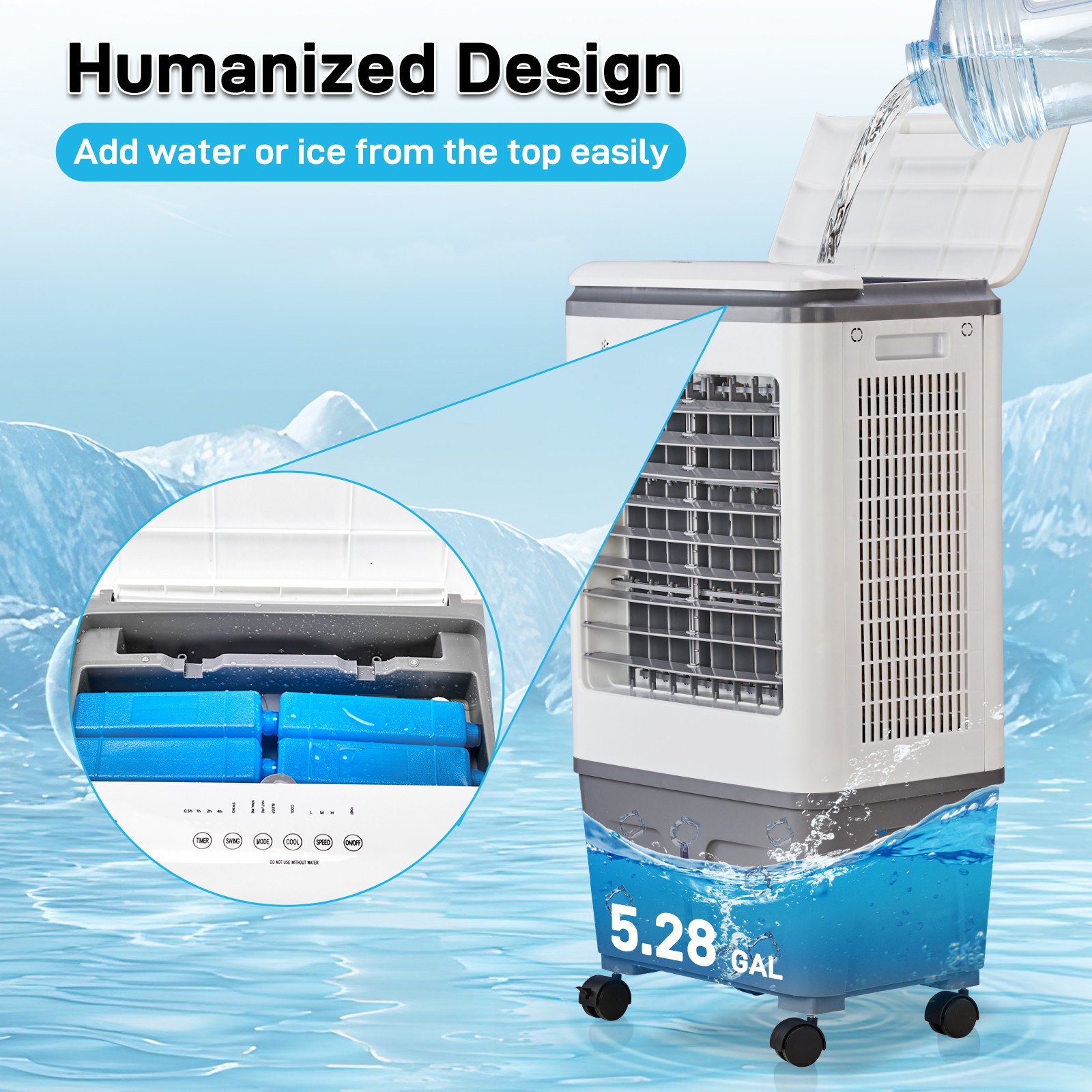 Portable Evaporative Cooler Swamp Cooler 3-in-1 5.28 Gal 7.5H Timer Humidifier