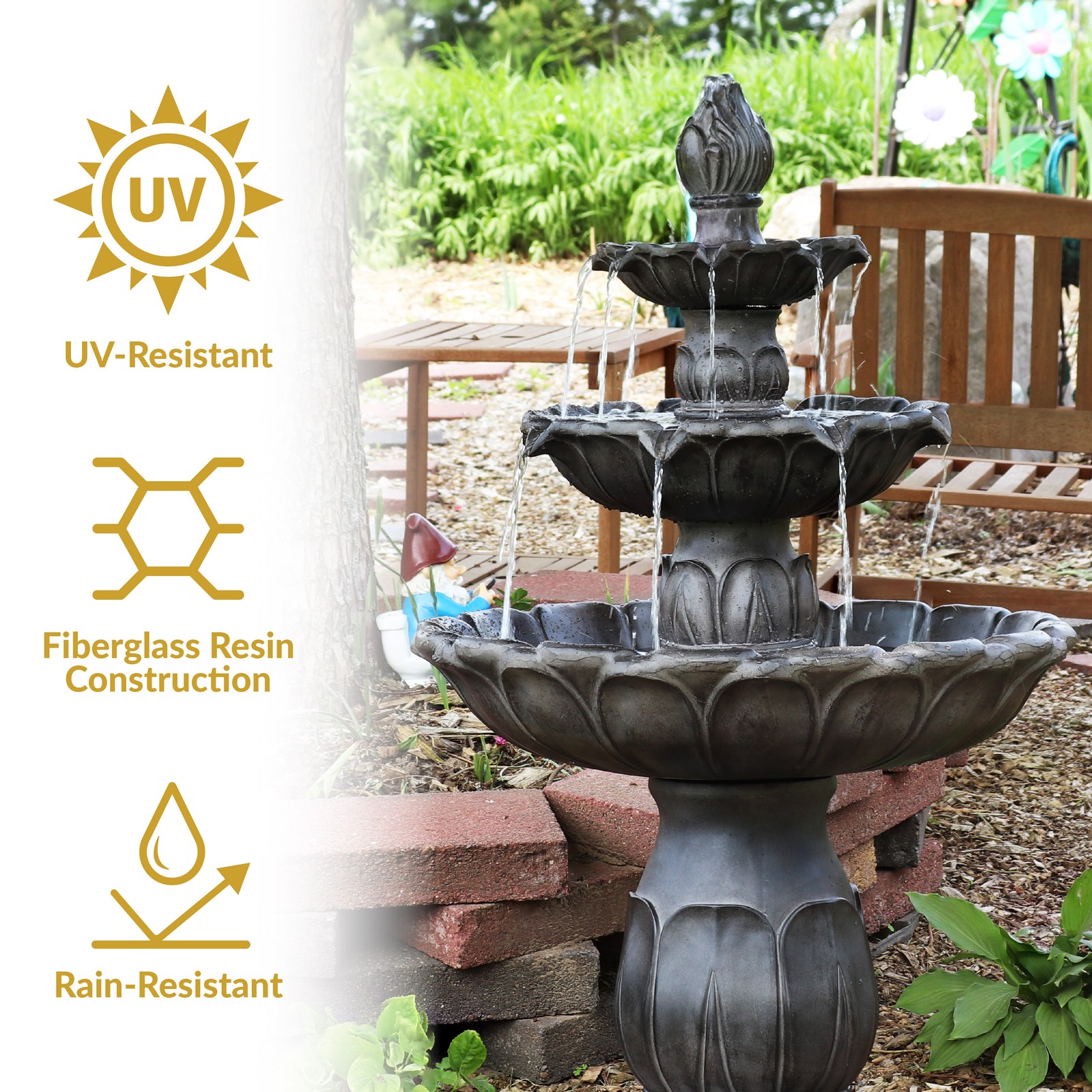 Classic Tulip Polystone Outdoor 3-Tier Fountain – Dark Brown by Sunnydaze