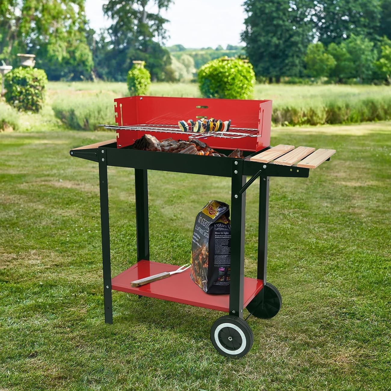 Compact Heavy-Duty Charcoal Grill with Adjustable Height & Ample Storage Table