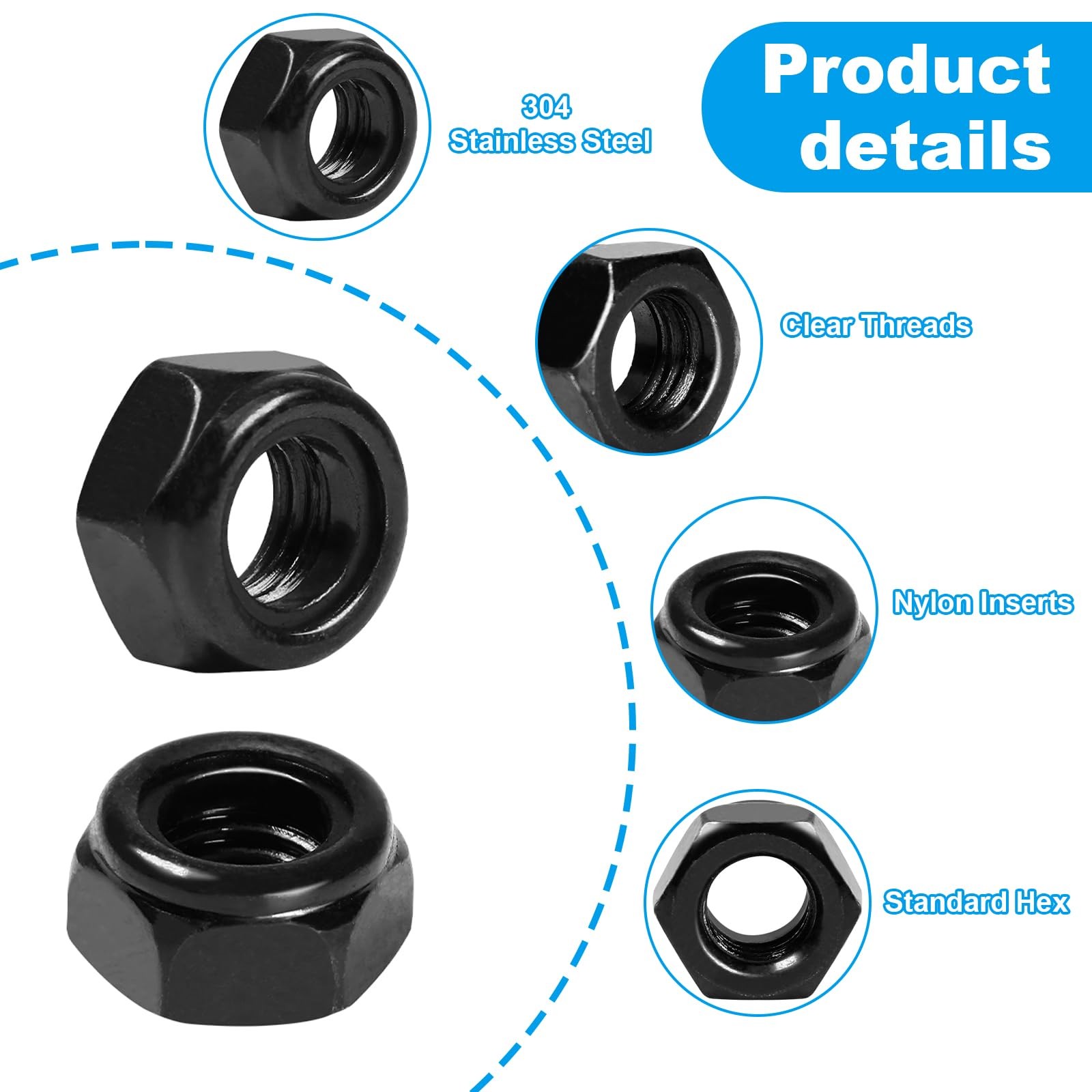 Yinpecly 50Pcs #8-32 Nylon Insert Hex Lock Nuts 304 #8-32; 50pcs, Black