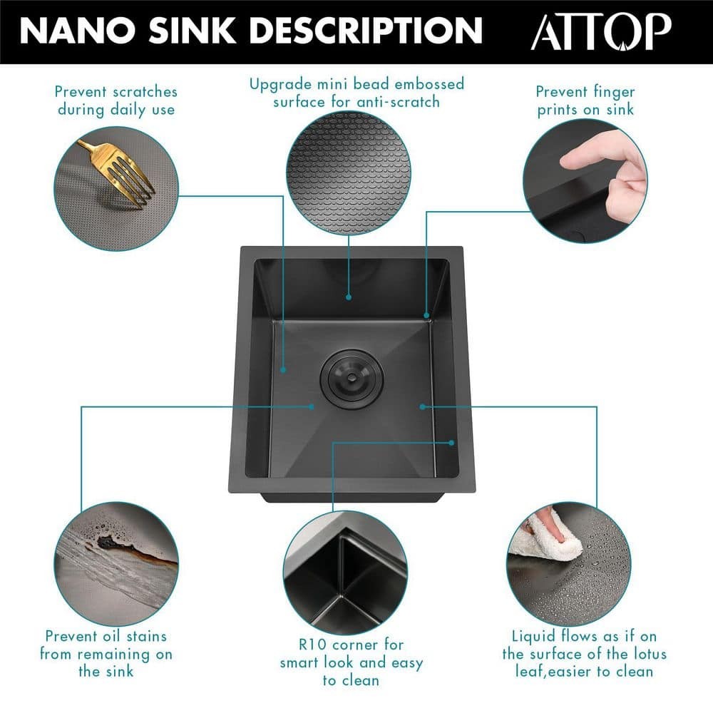 Attop 15″ Undermount Single Bowl 18-Gauge Nano Black Stainless Steel Sink