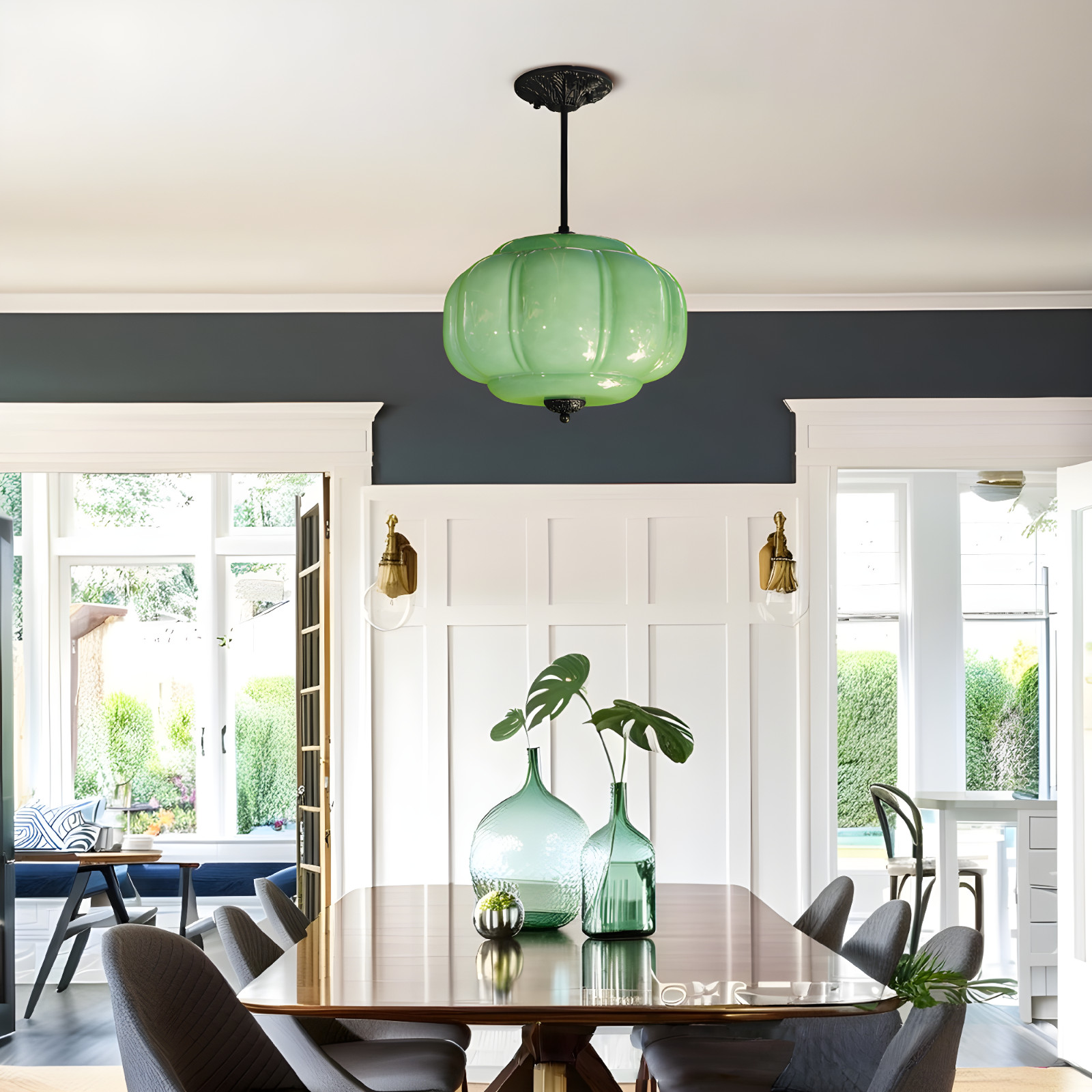 14’Simple Green Pumpkin Shaped Pendant Light,Living Room/dining Room Glass Light
