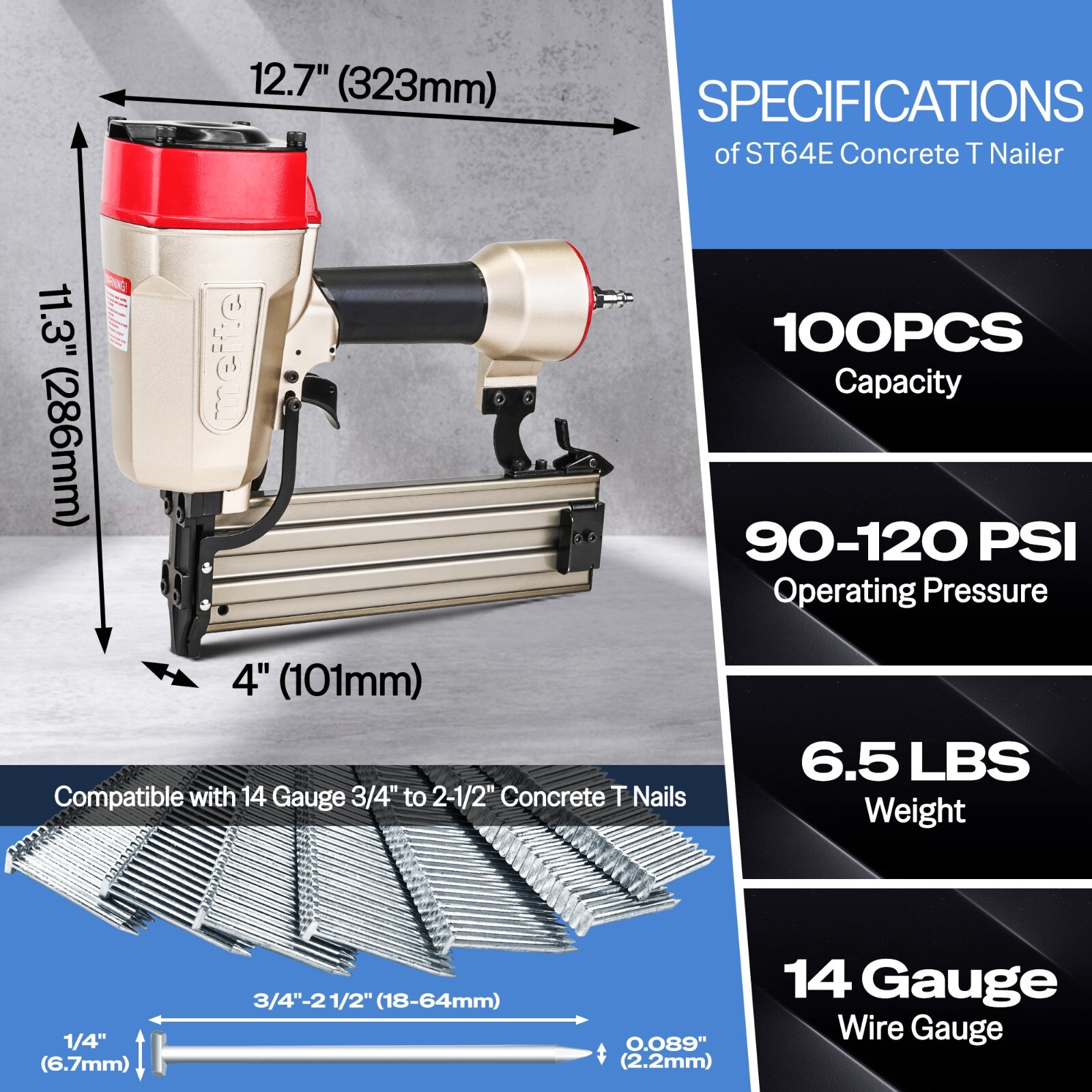 meite Concrete T Nailer ST64E with 400 PCS 1-1/4 Inch Concrete Nails, 14 Gauge